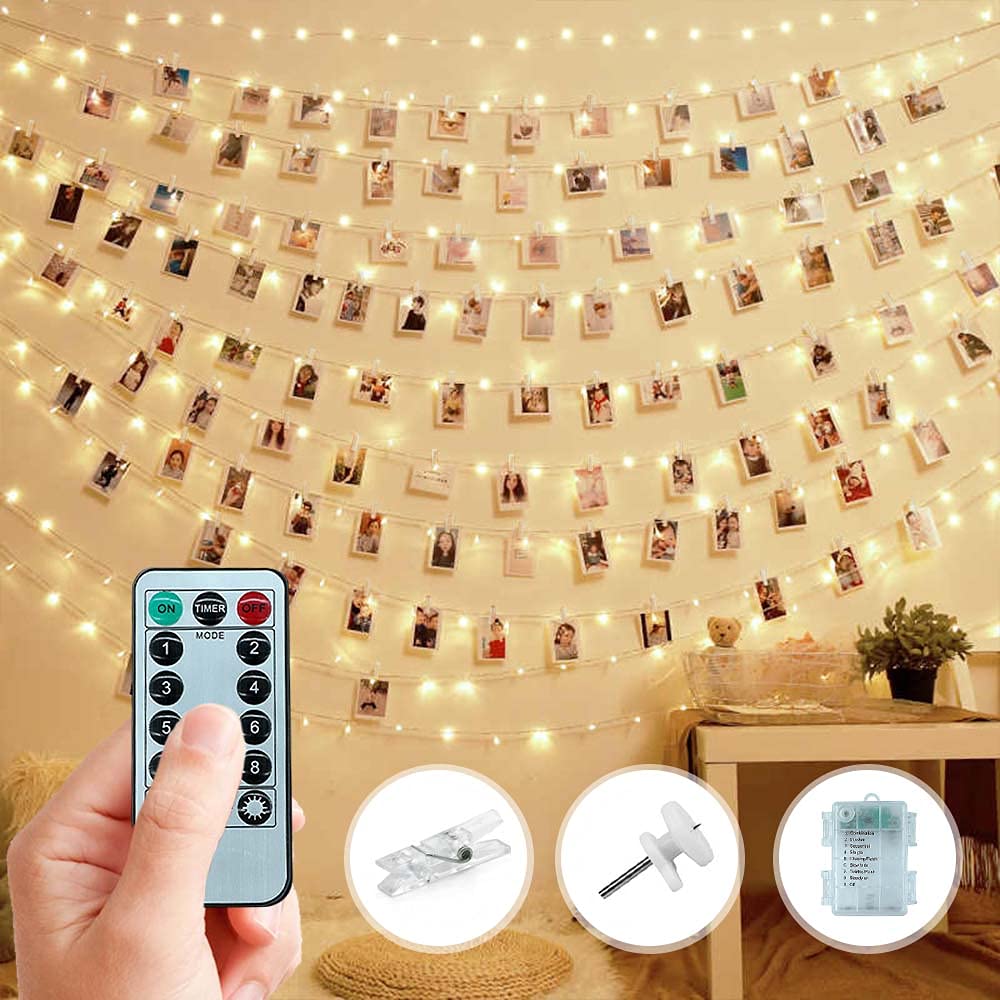 Trongle 10M LED Photo Clip String Lights - 100 Warm White LED Bulbs with Wireless Remote for Bedroom, Party, Wedding & Christmas Decorations | Perfect for Wall Decor, Photo Display, and Indoor/Outdoor Lighting