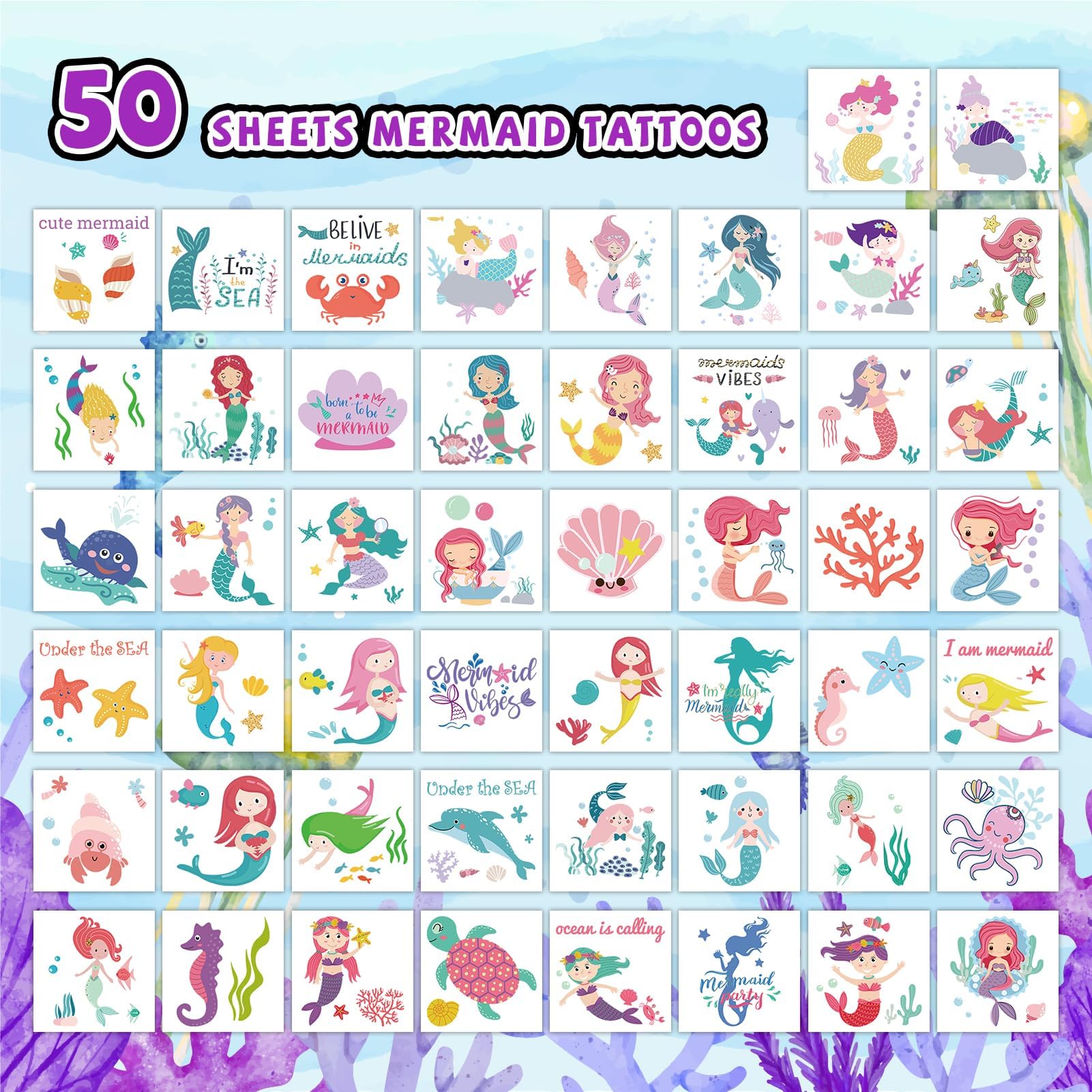 50 Sheets Mermaid Temporary Tattoos for Kids - Individually Wrapped Ocean Themed Tattoo Stickers for Birthday Parties, Mermaid Games & Summer Beach Activities - Perfect for Girls' Party Favors, Decorations & Underwater Themed Events
