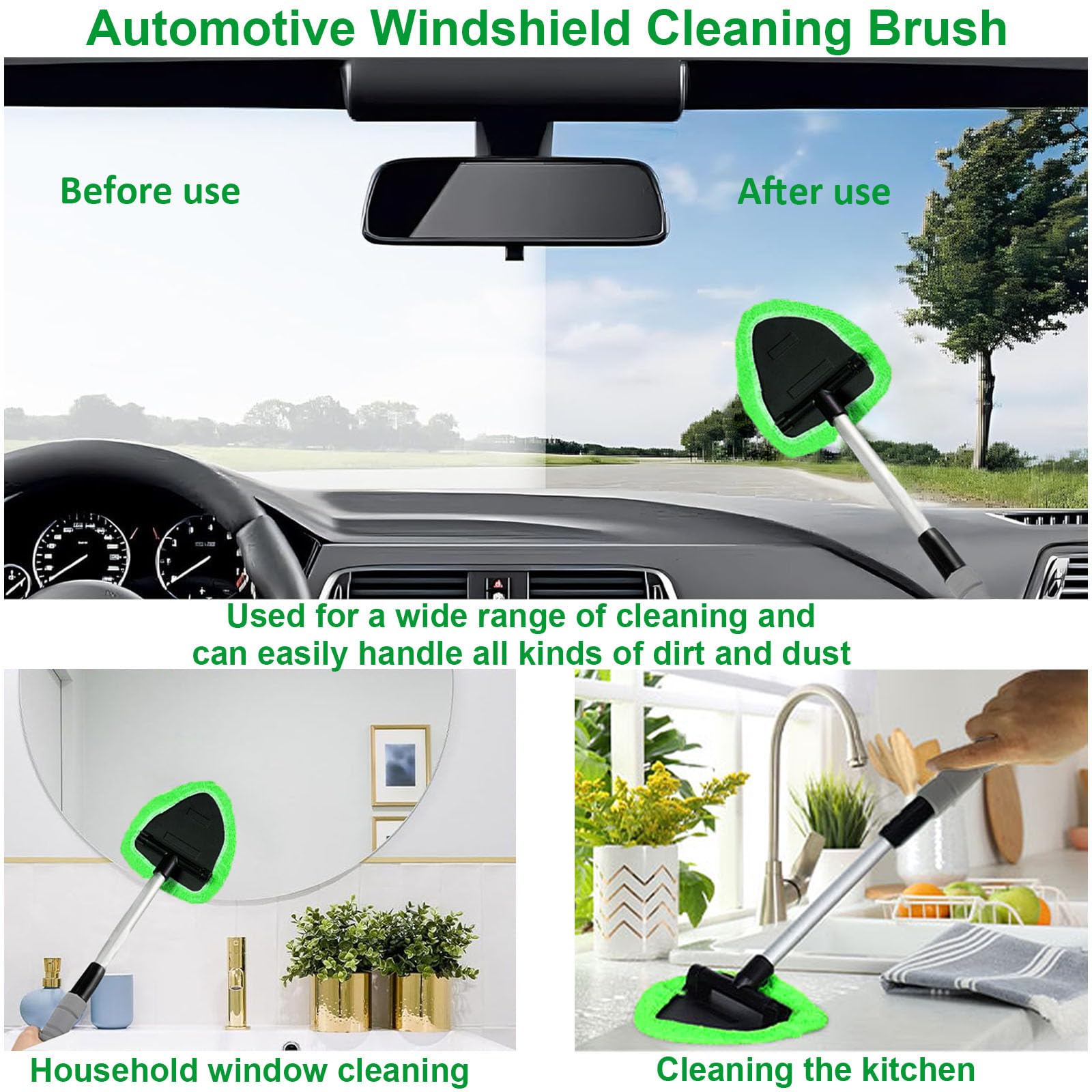 Premium Windshield Cleaning Tool - Car Window Cleaner with 4 Washable Microfiber Pads & Extendable Handle - Auto Glass Wiper Kit for Interior/Exterior Cleaning (Green) - Perfect for Cars, Trucks, SUVs and RVs