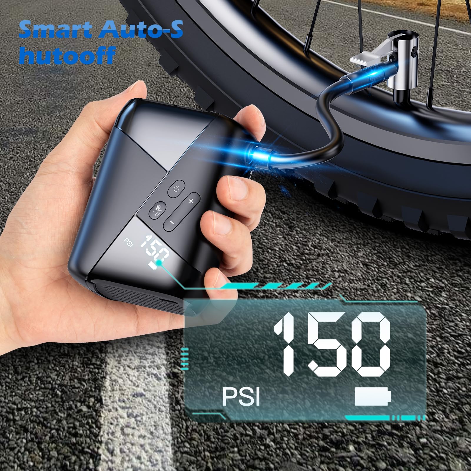 Portable Electric Bike Pump 150PSI with Pressure Gauge - Rechargeable USB-C Mini Bike Pump for Mountain, Road & City Bikes - Perfect for On-the-Go Cycling & Emergency Tire Inflation