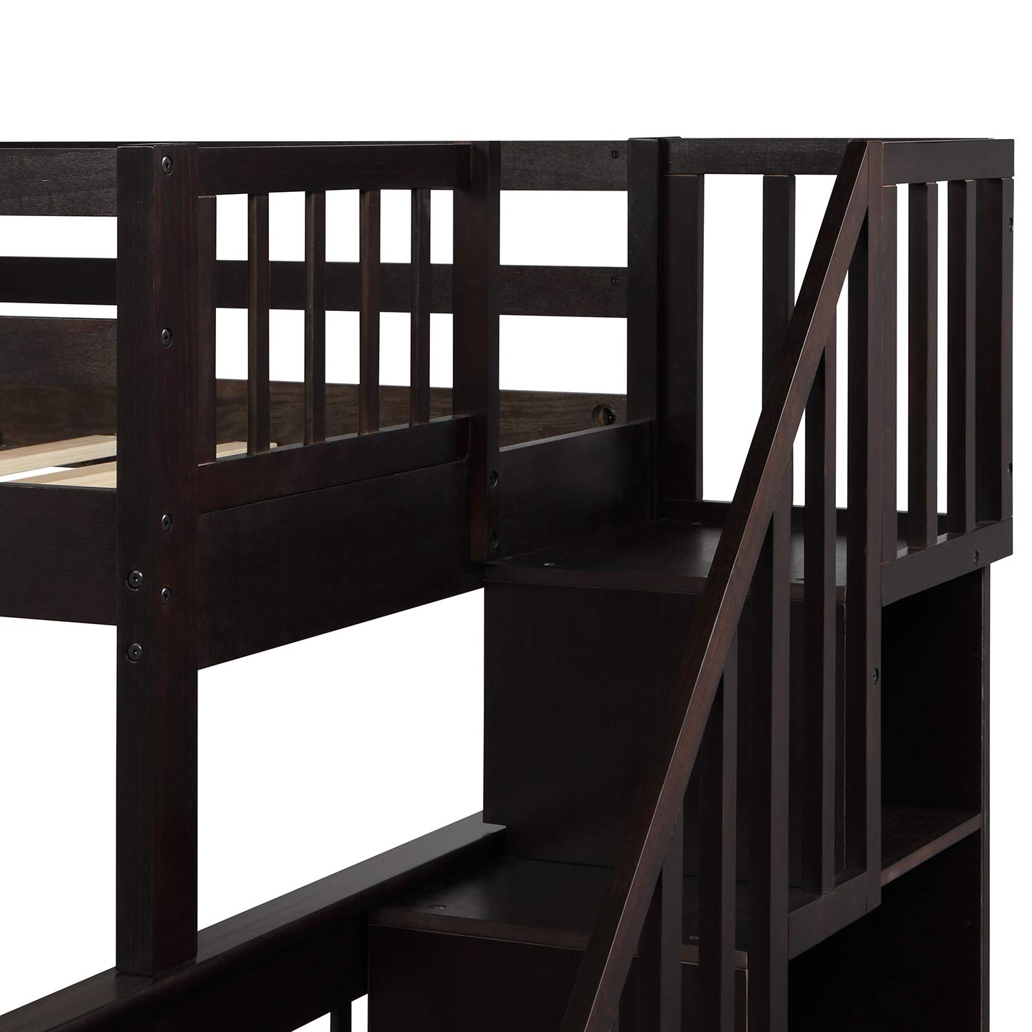 Twin Over Full Bunk Bed with Trundle & Storage Stairs - Solid Wood Loft Bed with Guard Rail & Shelves for Adults - Space Saving Bedroom, Dorm, Kids Room Furniture (Espresso Finish) - Perfect for Small Spaces, Guest Rooms & Shared Bedrooms
