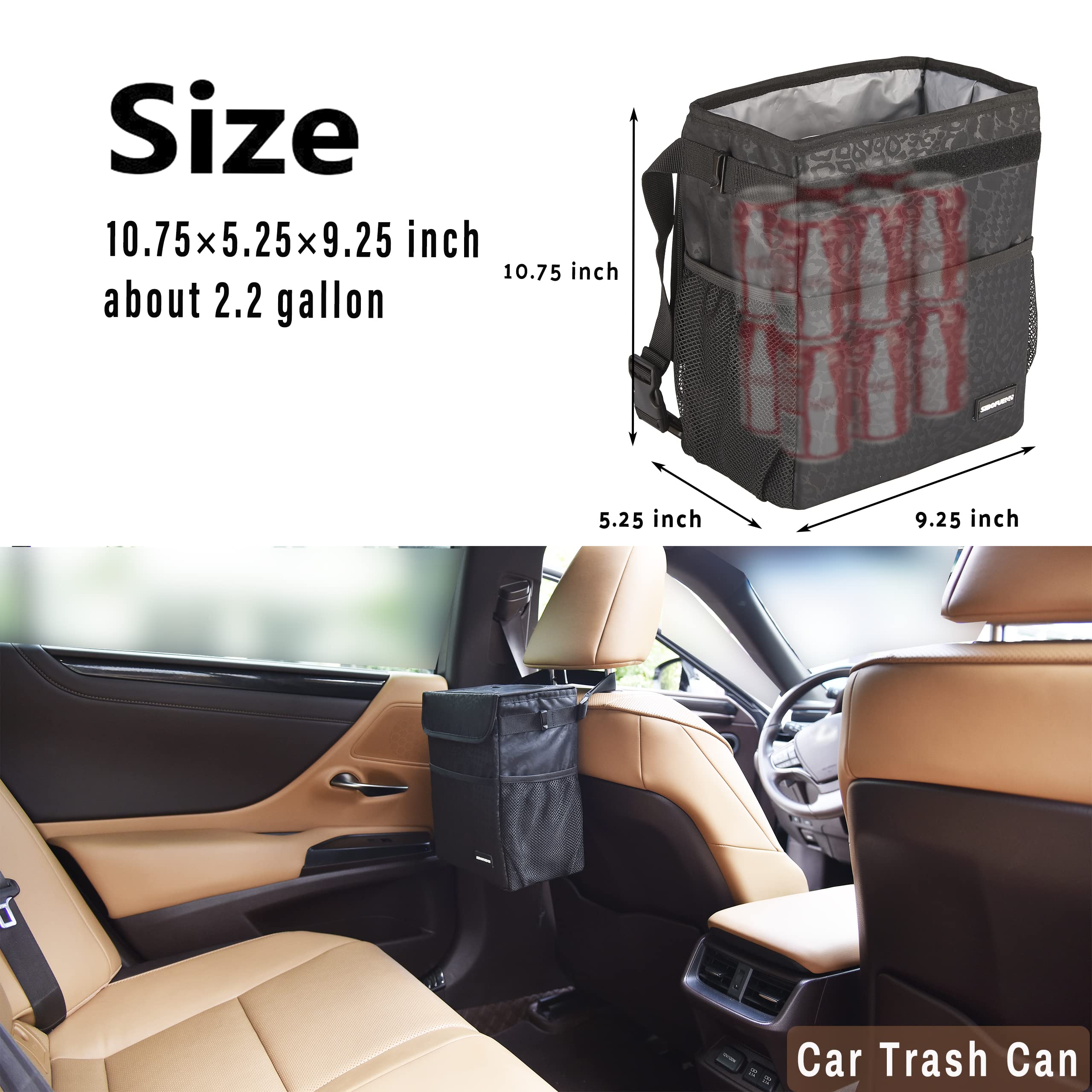 Black Leopard Car Trash Can with Lid – 2 Gallon Collapsible, Leak-Proof & Waterproof Car Garbage Bin with Storage Pockets & Adjustable Straps – Perfect for Road Trips, Commuting & Keeping Your Vehicle Clean