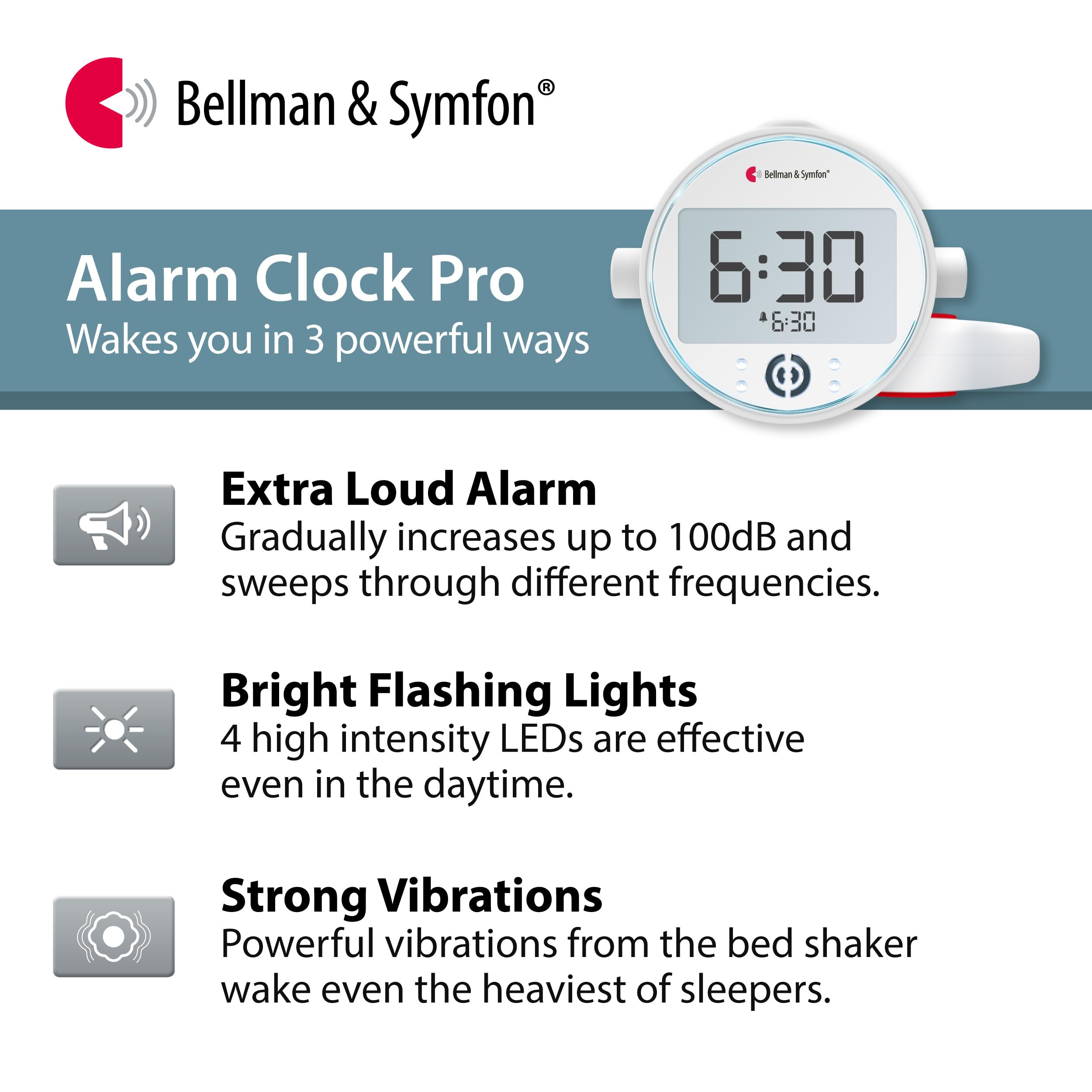 Bellman & Symfon Vibrating Alarm Clock Pro with Bed Shaker - Loud Alarm & Flashing LED Lights for Heavy Sleepers, Hard of Hearing & Deaf - Perfect for Home, Travel & Dorm Rooms