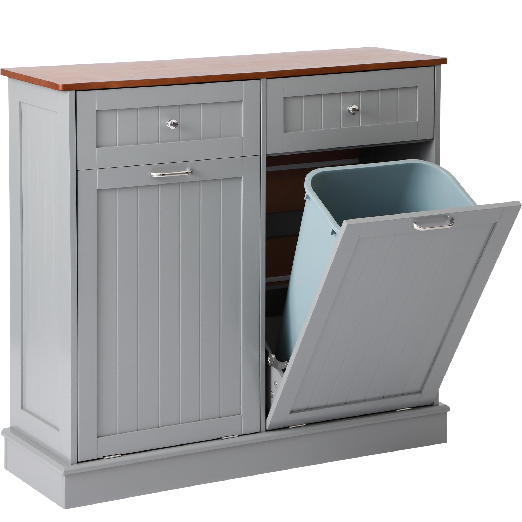 KIGOTY Double Tilt Out Trash Cabinet - Pet Proof Kitchen Trash Can with Countertop & Storage Drawer - Wooden Laundry Hamper Organizer for Kitchen, Bathroom, Laundry Room - Grey (Perfect for Small Spaces & Pet Owners)