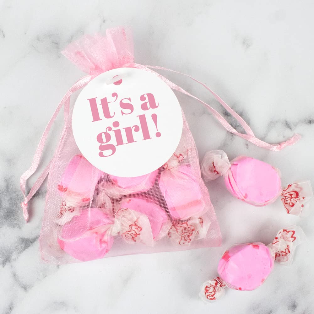 12ct Pink Cherry Taffy Candy in Organza Bags - Perfect for Baby Shower Party Favors, Birth Announcements & Gender Reveals (No Assembly Required) - Sweet Treats for Celebrations & Gift Giving