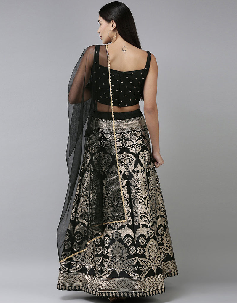 Exquisite Black Banarasi Silk Jacquard Lehenga Choli Set for Women - Traditional Indian Bridal Wear for Weddings, Festivals & Special Occasions