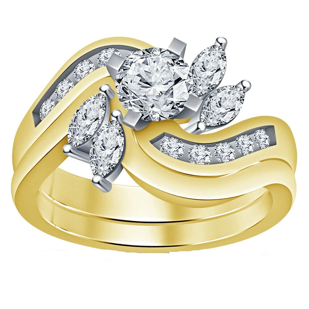 925 Sterling Silver Diamond Wedding Ring Set - Round & Marquise Cut Curved Bridal Rings 14K Yellow Gold Plated for Engagement, Anniversary & Special Occasions