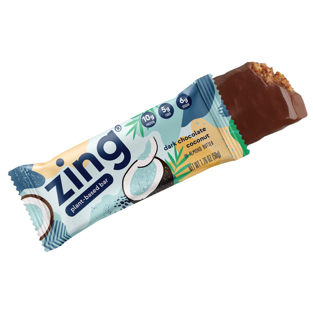 Zing Plant Based Protein Bar - Dark Chocolate Coconut, 12 Pack | High Protein Vegan Snack with 11g Protein & 3g Fiber | Gluten Free, Non GMO Nutrition Bar | Perfect for Post-Workout Recovery, Healthy On-the-Go Snacking & Weight Management
