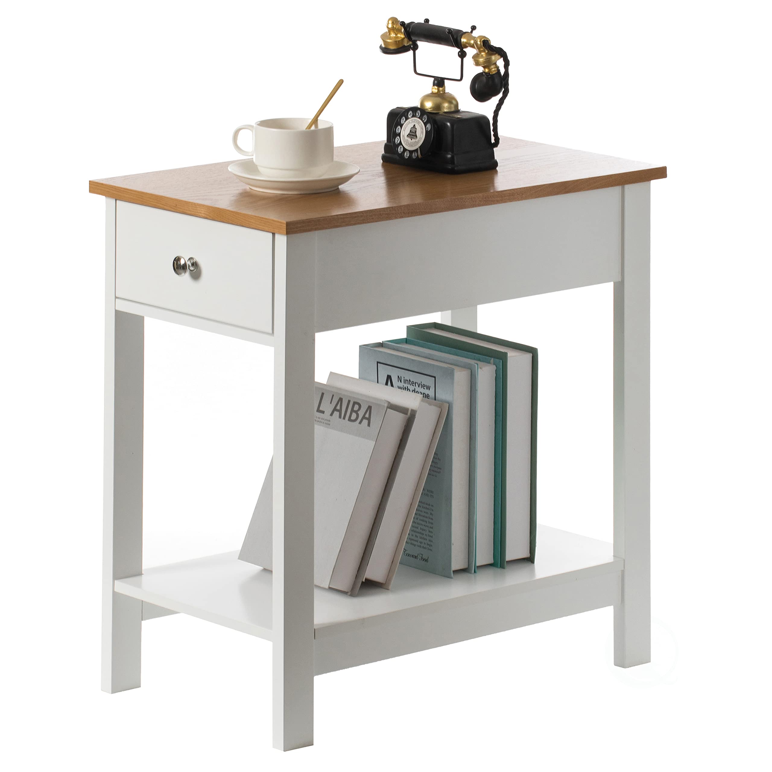 Basicwise White End Table with Wooden Drawer and Shelf - Modern Sofa Side Table for Living Room, Bedroom & Entryway - Perfect for Holding Lamps, Books & Decor
