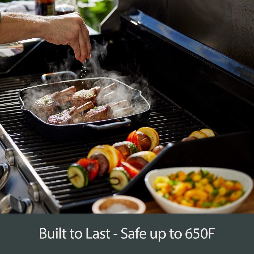 All-Clad 11 Inch Enameled Cast Iron Square Grill Pan with Acacia Wood Trivet - Induction, Oven & Broiler Safe Up to 650°F - Premium Black Cookware for Grilling, Searing & Roasting - Perfect for Steaks, Burgers & Vegetables