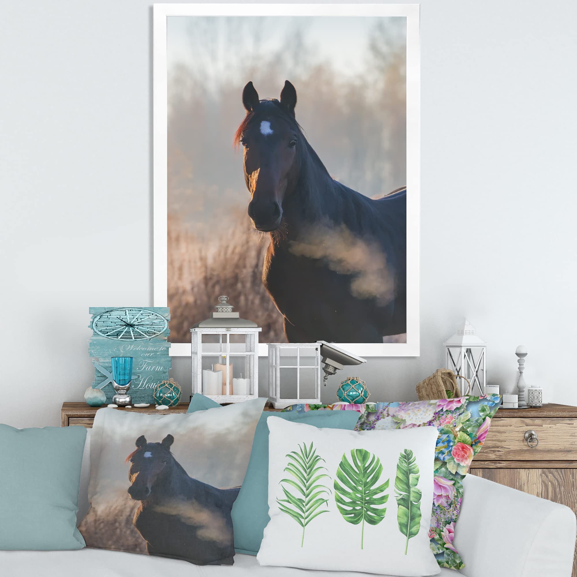 DesignQ Framed Horse Portrait Wall Art - Autumn Morning Farmhouse Painting - Perfect for Living Room, Bedroom & Office Decor