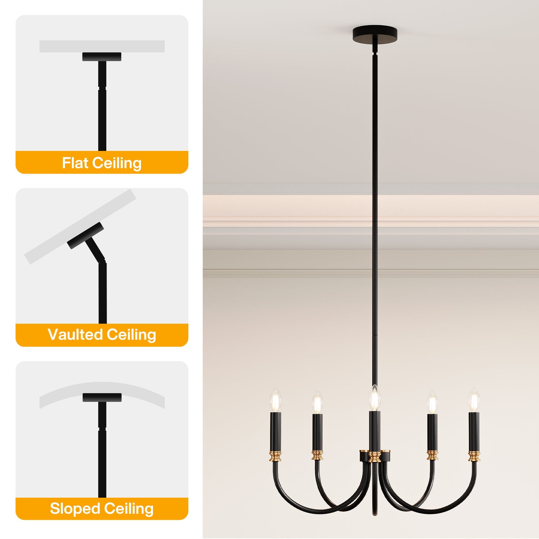 5-Light Modern Chandelier - Elegant Candle-Style Hanging Pendant Light Fixture for Dining Room, Bedroom or Living Room Decor