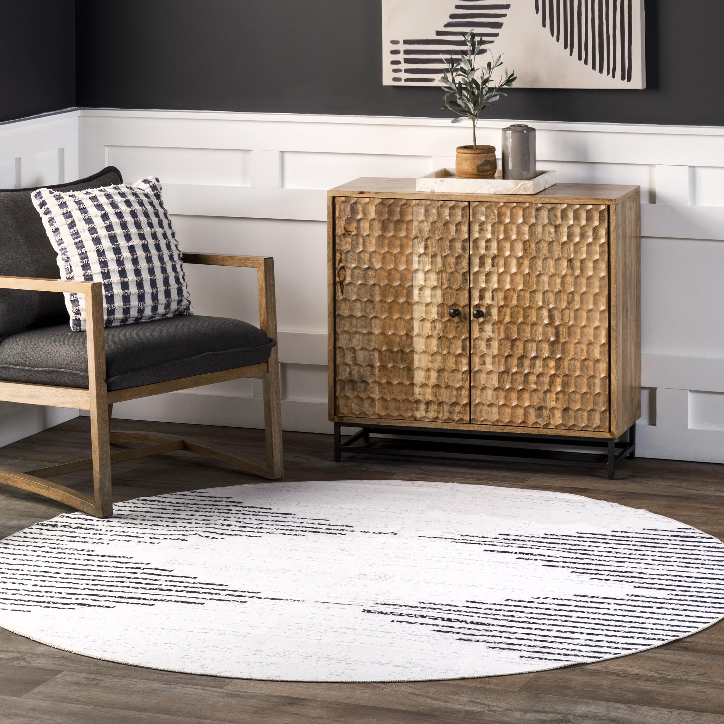 nuLOOM 8' Round SpinClean Machine Washable Stain-Resistant Area Rug with Non-Slip Backing - Low Profile Soft Floor Covering for Living Room, Bedroom, Dining Room - Romina White - Perfect for Home Decor, Pet-Friendly Spaces & High Traffic Areas