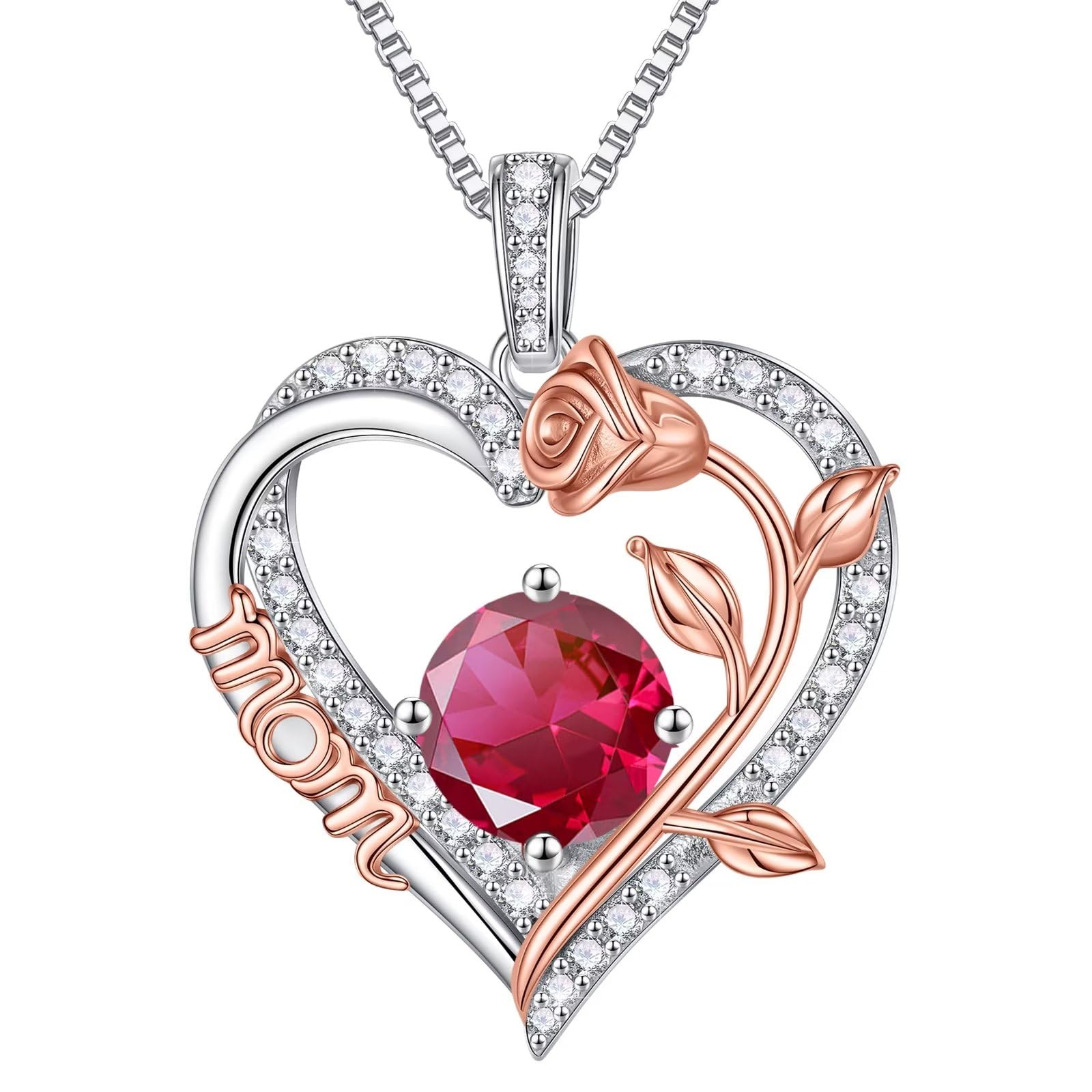 Rose Heart Birthstone Necklace for Mom - 925 Sterling Silver Pendant Jewelry | Mother's Day, Birthday Gift for Women | Perfect for Valentine's Day, Anniversary & Special Occasions