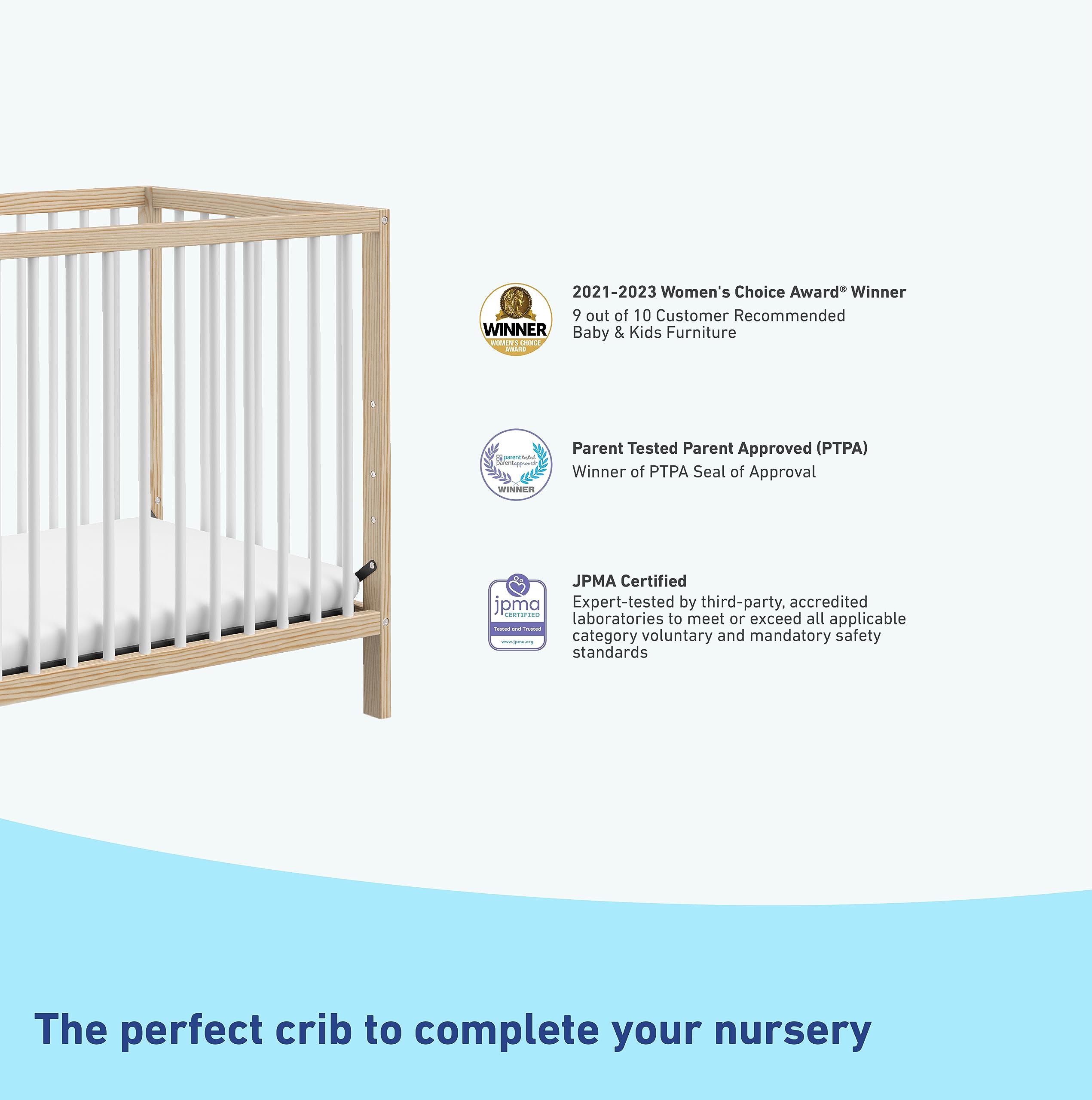 Graco Teddi 4-in-1 Convertible Mini Crib with Water-Resistant Mattress – GREENGUARD Gold Certified, Natural & White Finish, 2.75-Inch Mattress Included, Space-Saving Design, Easy 30-Minute Assembly – Perfect for Small Nurseries, Apartments & Travel