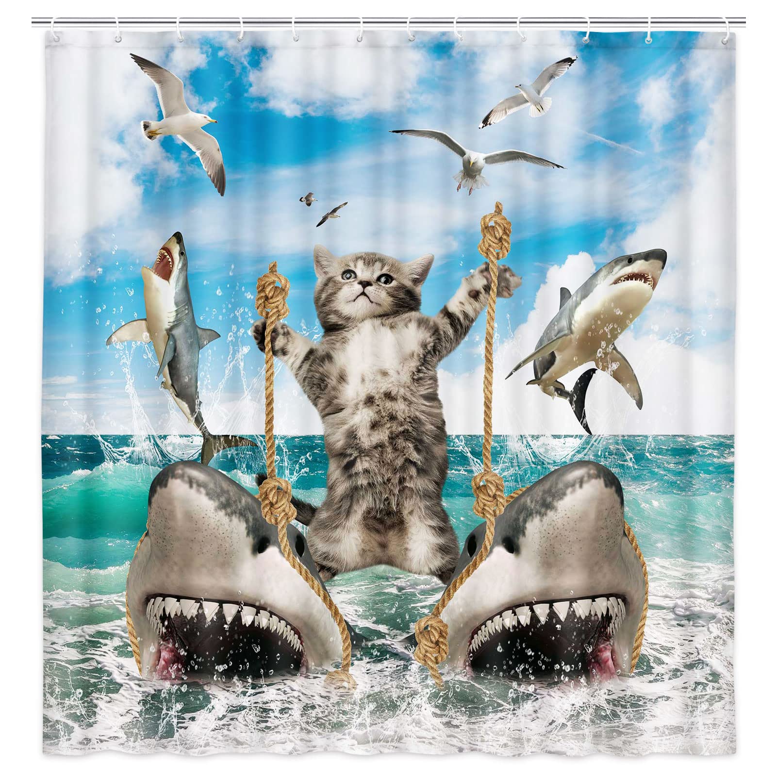 Funny Cat Riding Shark Shower Curtain - Waterproof Bathroom Decor with Hooks 48x70 Inches - Ocean Sea Blue Kids Bathroom Set for Beach & Nautical Themed Bathrooms