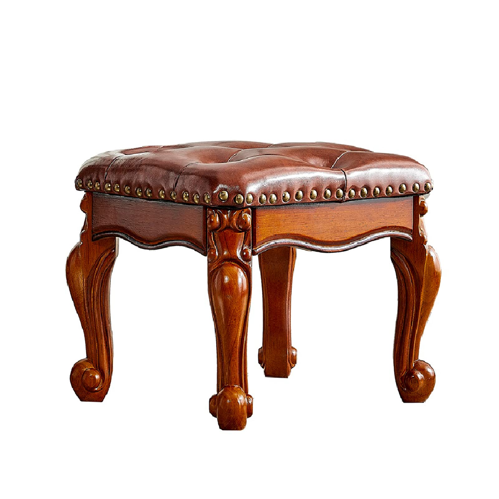 LEILISI Vintage Brown Leather Ottoman Footstool - Hand Carved Upholstered Footrest with Rubber Wood Base, Sofa Stool for Living Room, Bedroom & Office (Red-Brown)