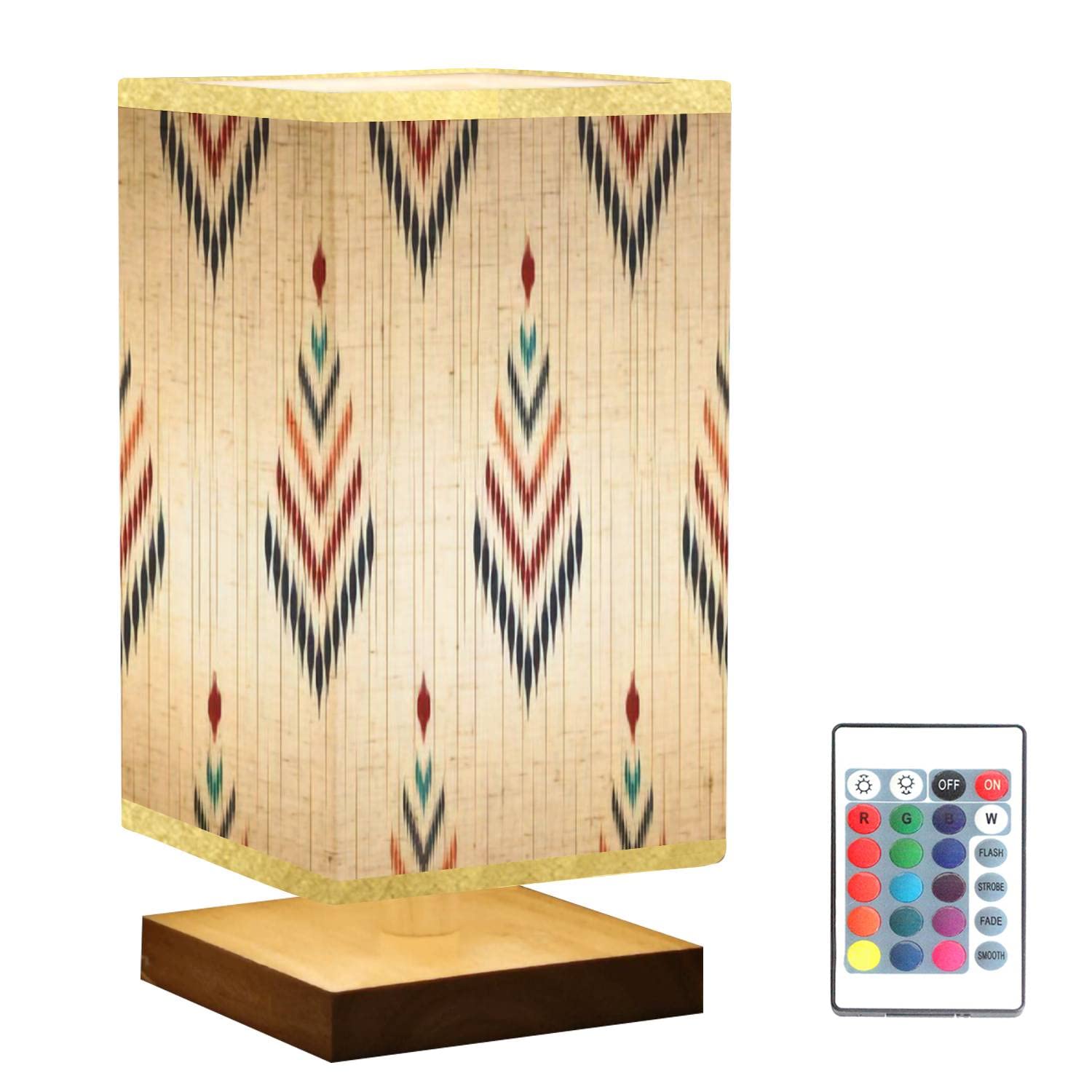 Ethnic Abstract Ikat Table Lamp with Wooden Base & Flaxen Fabric Shade - Dimmable Bedside Nightstand Lamp for Bedroom, Living Room | Tribal Folk Embroidery Design | Perfect for Reading, Relaxing & Home Decor