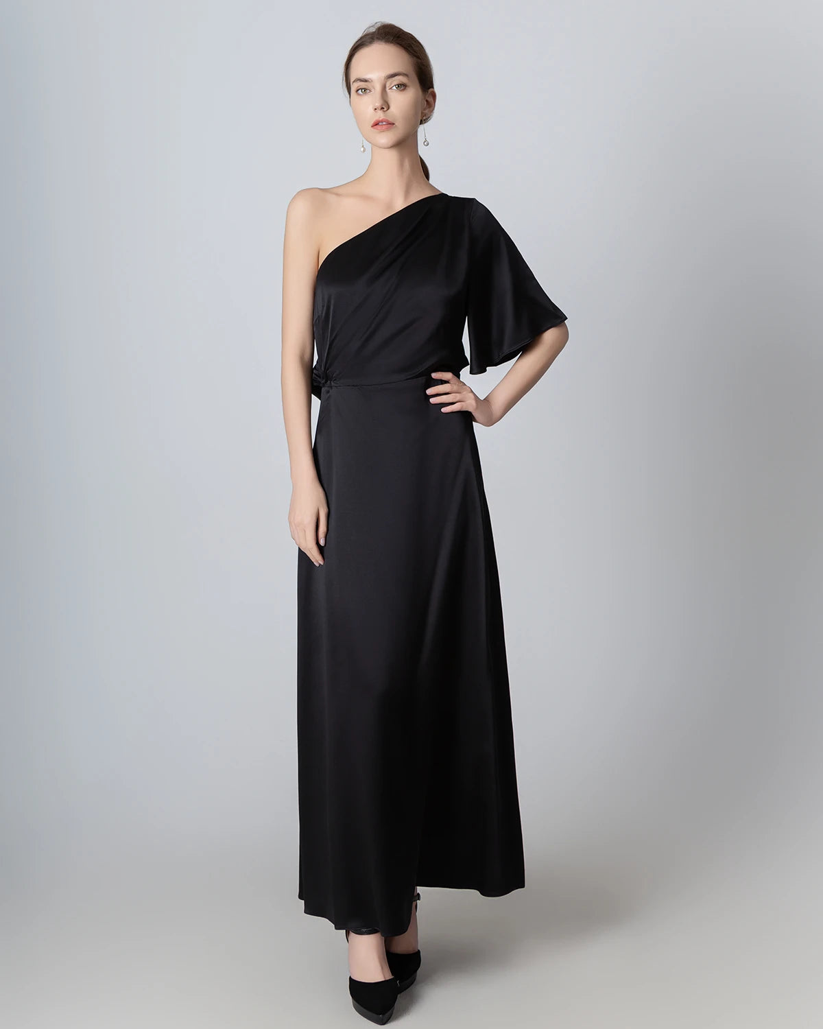 Elegant One Shoulder Tie Back Maxi Silk Dress for Women - Perfect for Weddings, Parties & Evening Events