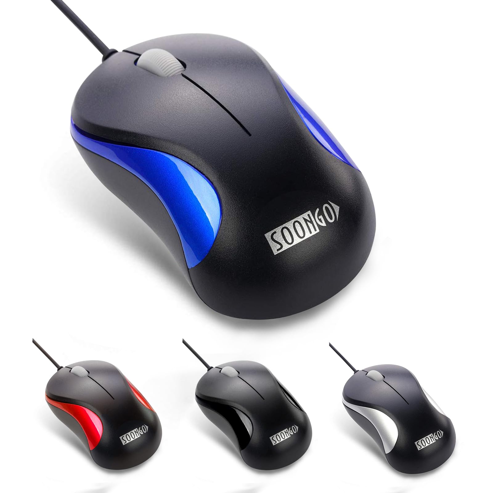 SOONGO Mini USB Wired Optical Mouse - Portable Laptop Mouse for Kids, Students, Teens - Compatible with Notebook, MacBook, Desktop Computers (Blue) | Perfect for School, Office, Gaming & Travel Use