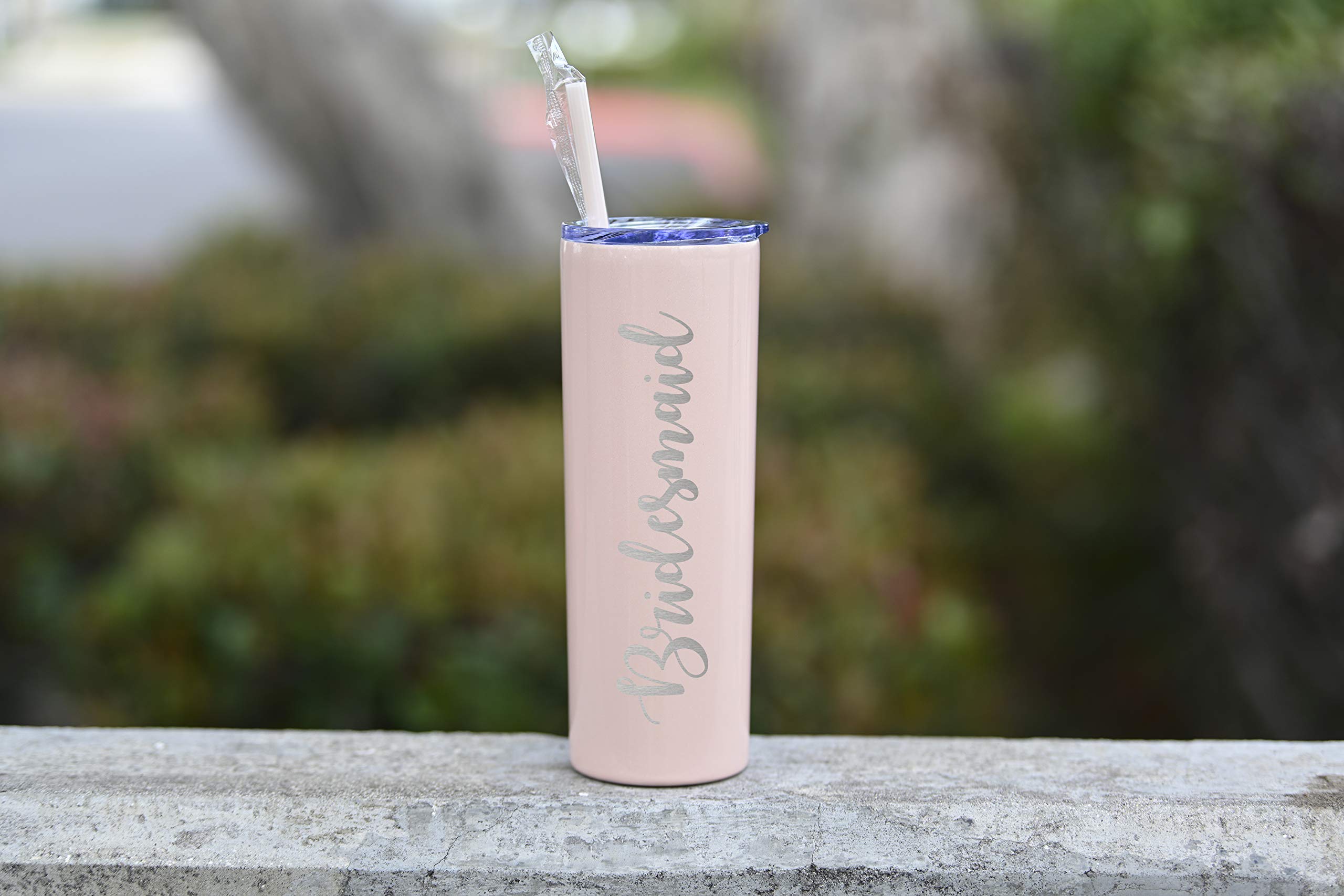Bridesmaid Stainless Steel Skinny Tumbler - 20oz Insulated Cup with Lid & Straw, Blush Shimmer Finish - Perfect for Weddings, Bridal Showers & Bachelorette Parties