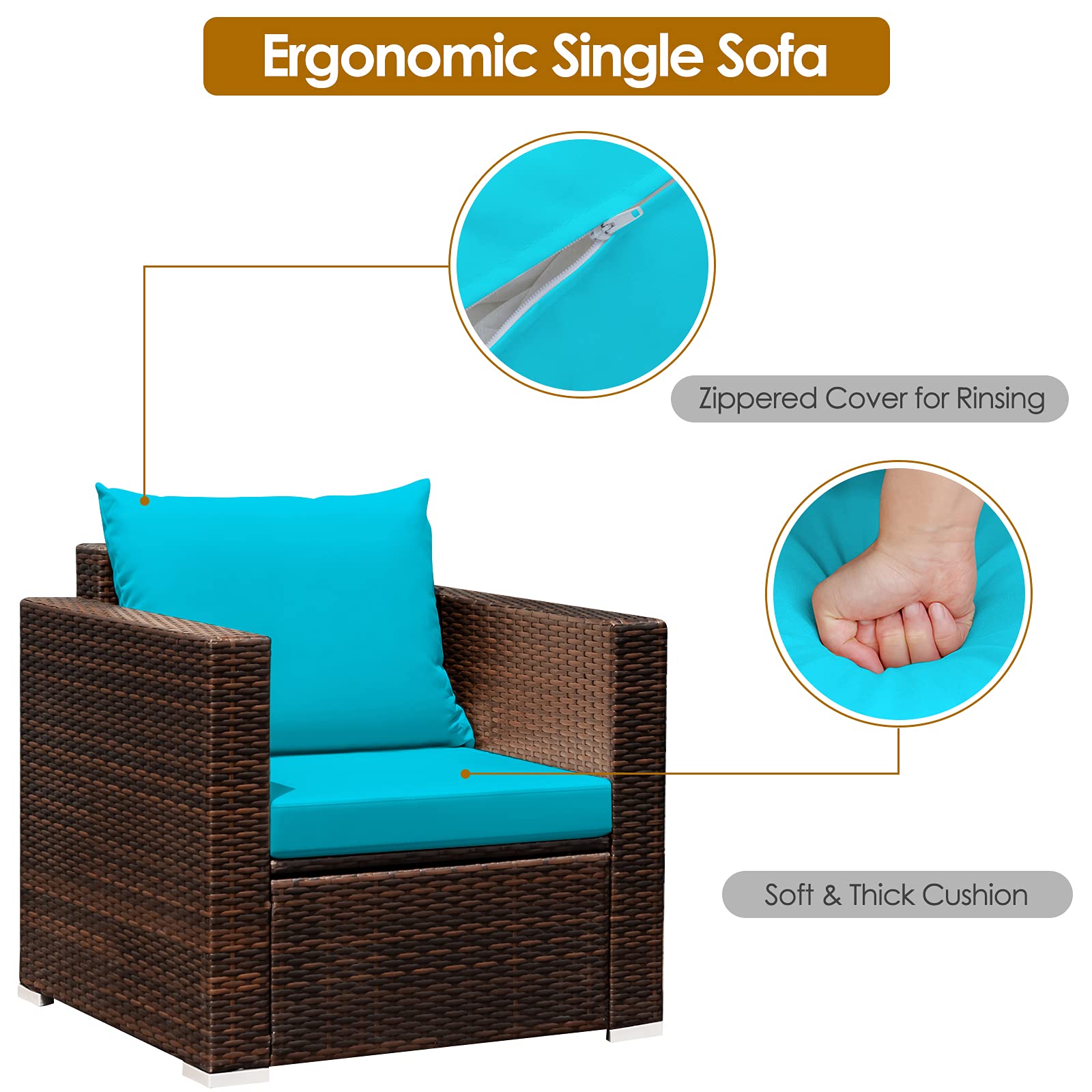 HAPPYGRILL 3-Piece Outdoor Patio Furniture Set - PE Rattan Wicker Sofa with Cushions & Coffee Table - Garden, Poolside, Balcony Conversation Set for Relaxing & Entertaining