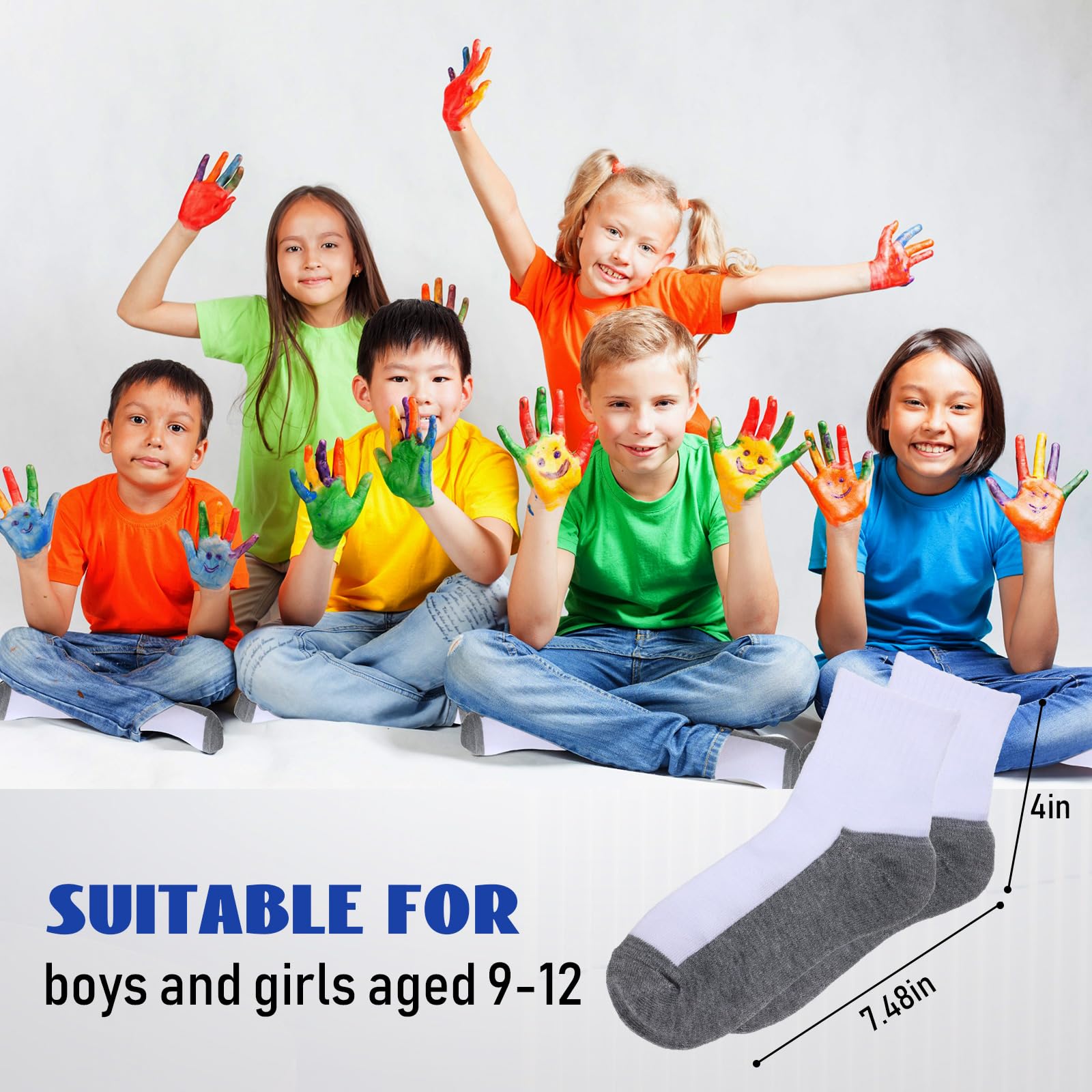 Ramede 100 Pairs Kids Socks - Boys & Girls Crew Cushioned Ankle Socks - Soft Ribbed Athletic Socks for Children (White & Gray, Size 9-12 Years) - Perfect for School, Sports & Daily Wear