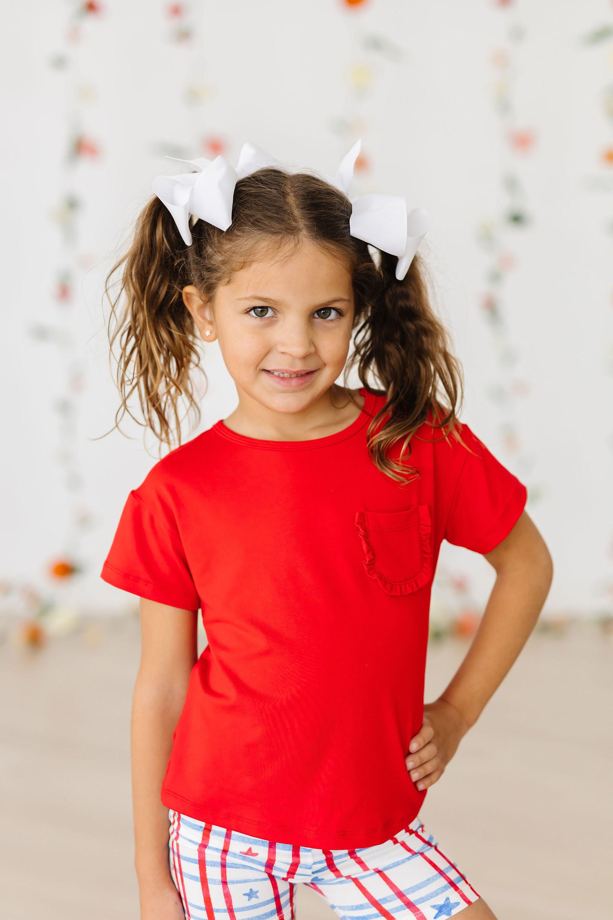 Stylish Red Ruffle Pocket Tee for Women - Trendy Casual Blouse with Unique Ruffle Detail - Perfect for Date Nights, Office Wear & Weekend Outfits