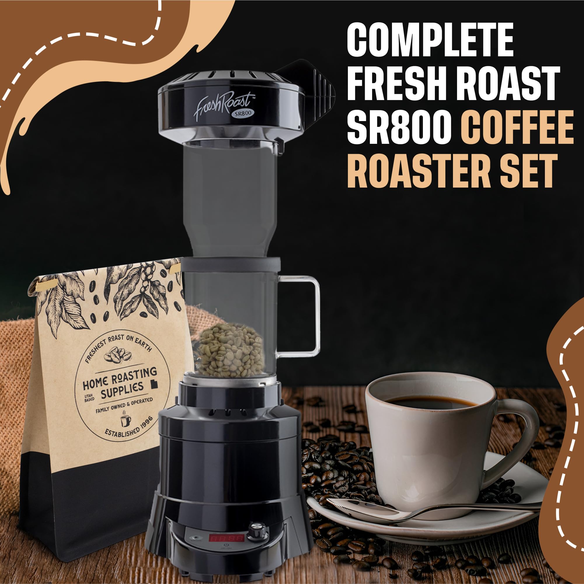 Fresh Roast SR800 Coffee Roaster Bundle with Glass Extension Tube, Coffee Bean Cooler, 2 Lbs Green Beans Sample Pack & 2 Sample Trays - Perfect for Home Coffee Roasting Enthusiasts & Small Batch Artisan Coffee Shops