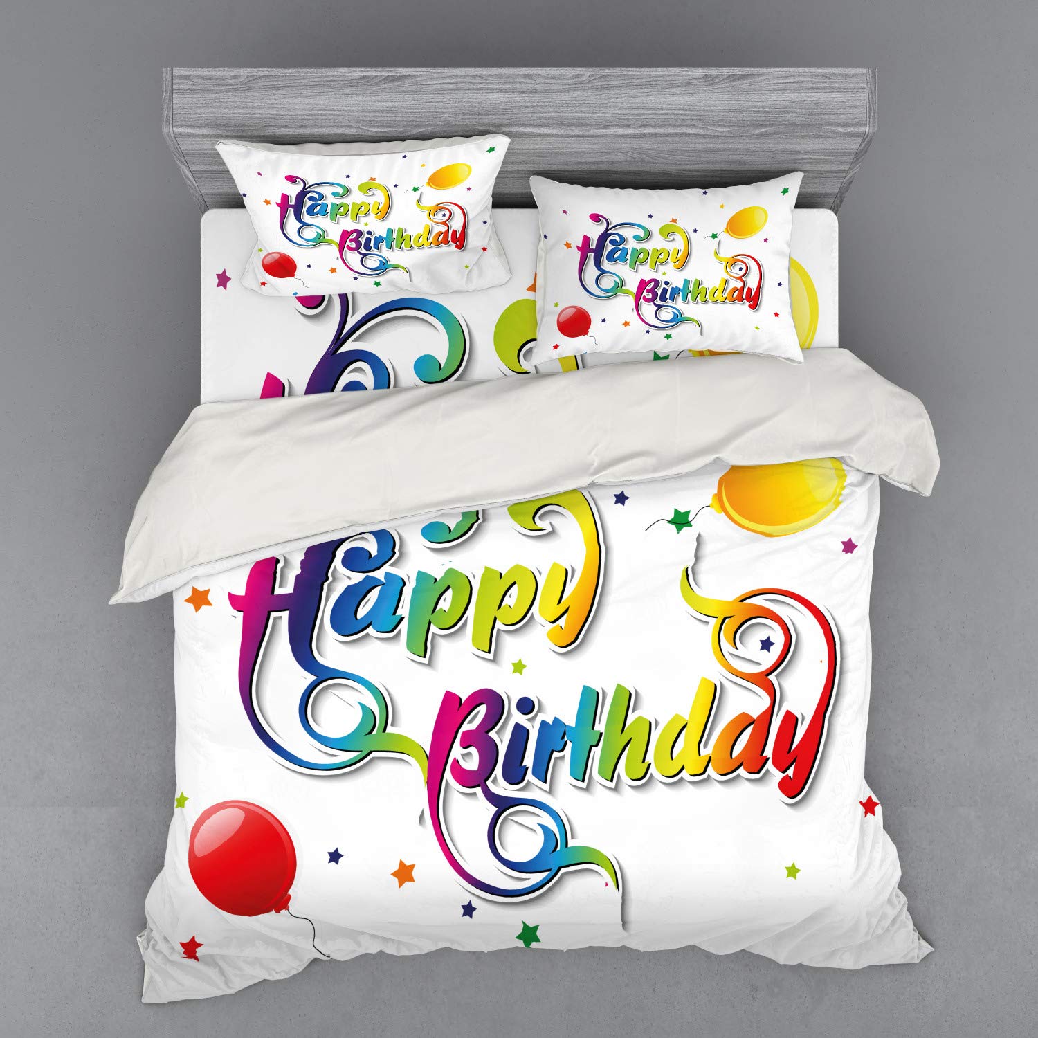 Ambesonne Happy Birthday Duvet Cover Set - King Size 4-Piece Bedding with Floral Swirls, Stars & Balloons Design, Includes Shams & Fitted Sheet - Perfect for Birthday Parties, Guest Rooms & Special Occasions