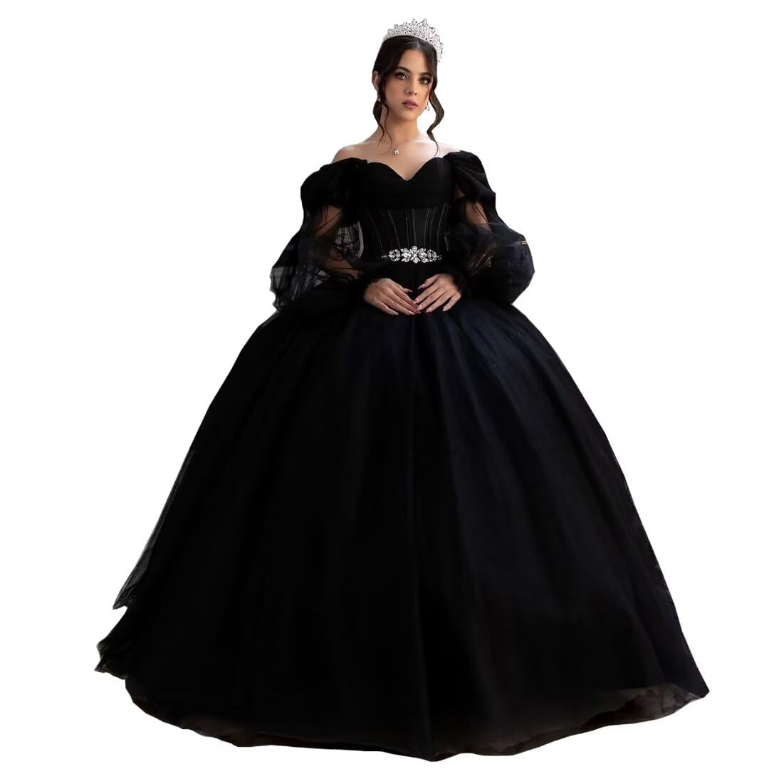 Elegant Black Princess Wedding Dress for Bride - Long Sleeve Ball Gown with Beaded Belt & Puffy Skirt | Perfect for Formal Weddings, Evening Galas & Special Occasions