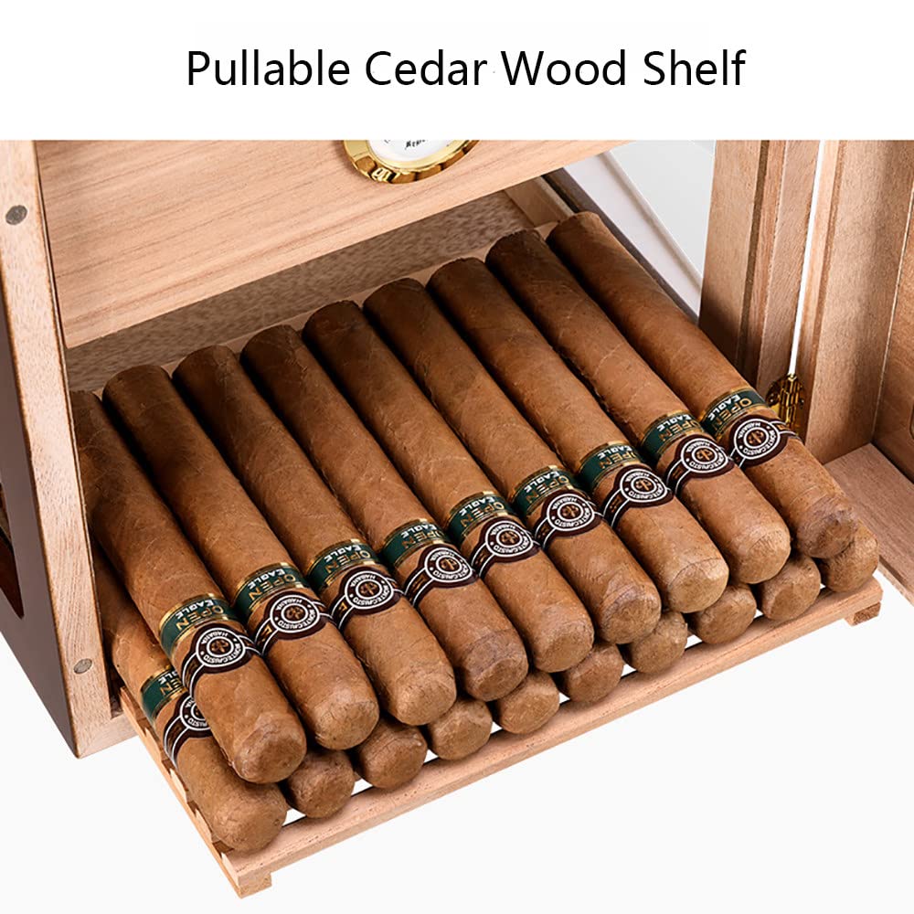 Premium Handmade Cedar Wood Cigar Box with Drawer & Glass Display - 5-Sided Cuban Cigar Case with Built-In Hygrometer - Holds 60-80 Cigars - Perfect Gift for Men (Black) - Ideal for Cigar Collectors & Aficionados at Home or Office