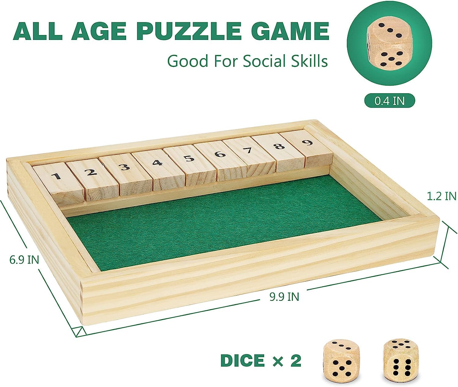 Wooden Shut The Box Dice Game - Classic 2 Player Board Game for Adults & Kids | Fun Math Learning, Travel & Pub Entertainment | Perfect for Family Game Night, Classroom Activities & Parties