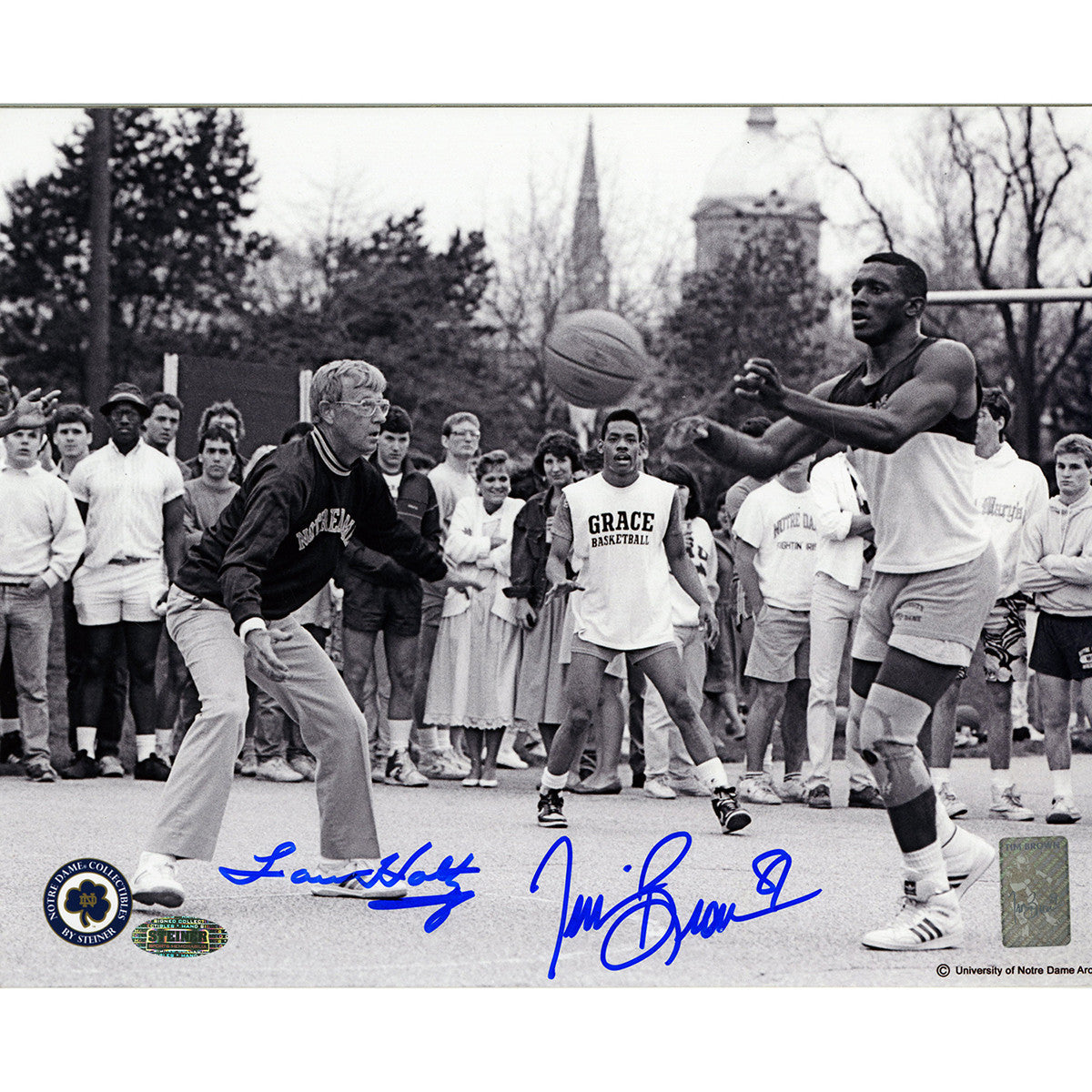Lou Holtz & Tim Brown Autographed Basketball 8x10 Photo - Signed Memorabilia for Sports Fans, Collectors & Home Decor