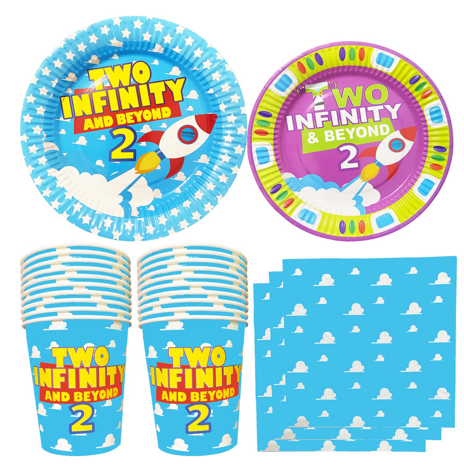 Two Infinity & Beyond Plates, Cups, Napkins - 2nd Birthday Party Supplies Set | Cartoon Themed Decorations for Kids Birthday Celebrations, Baby Showers & Disney Pixar Toy Story Inspired Events