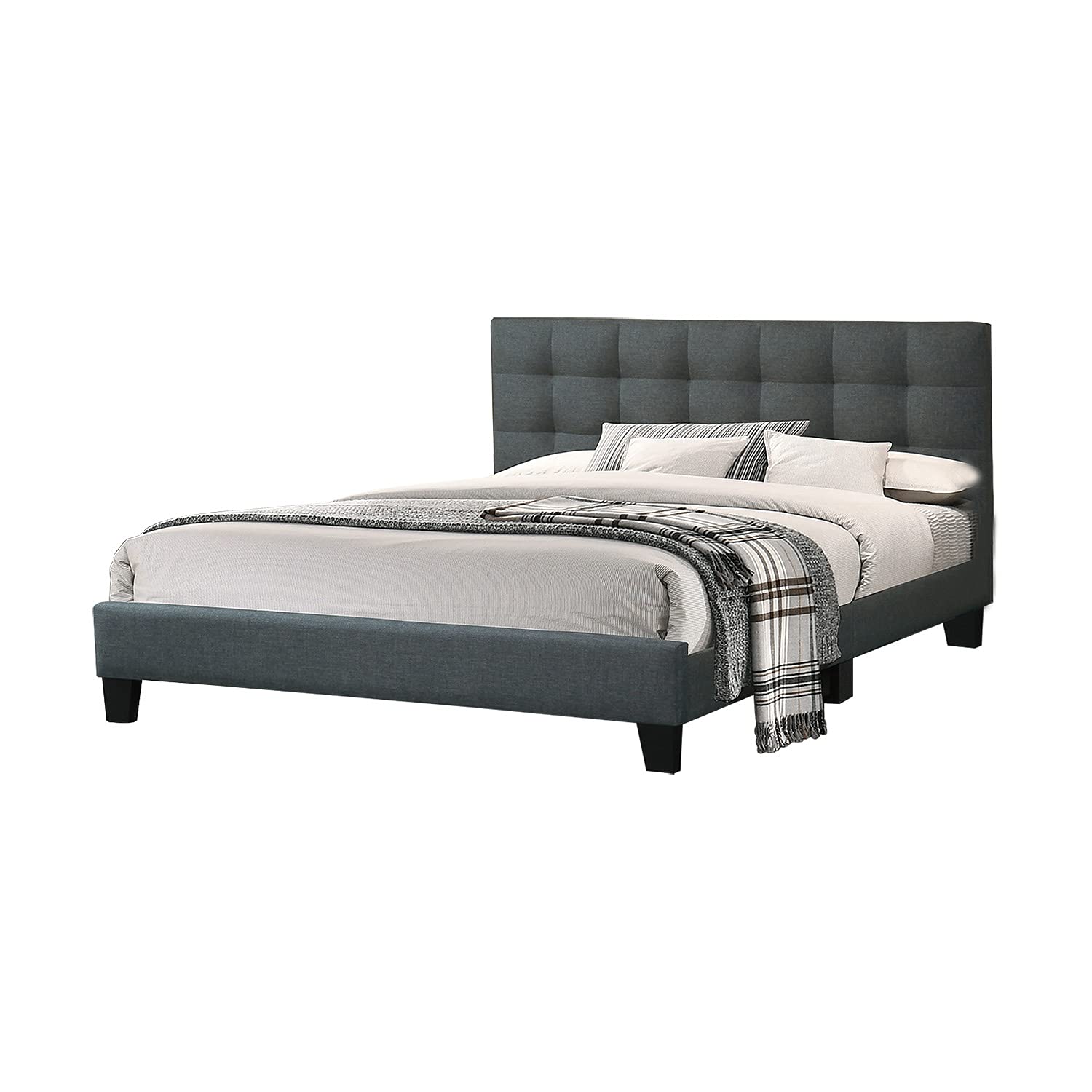 Poundex Charcoal Fabric Upholstered California King Size Bed - Luxurious Upholstered Platform Bed Frame with Soft Fabric Headboard for Master Bedroom & Guest Room