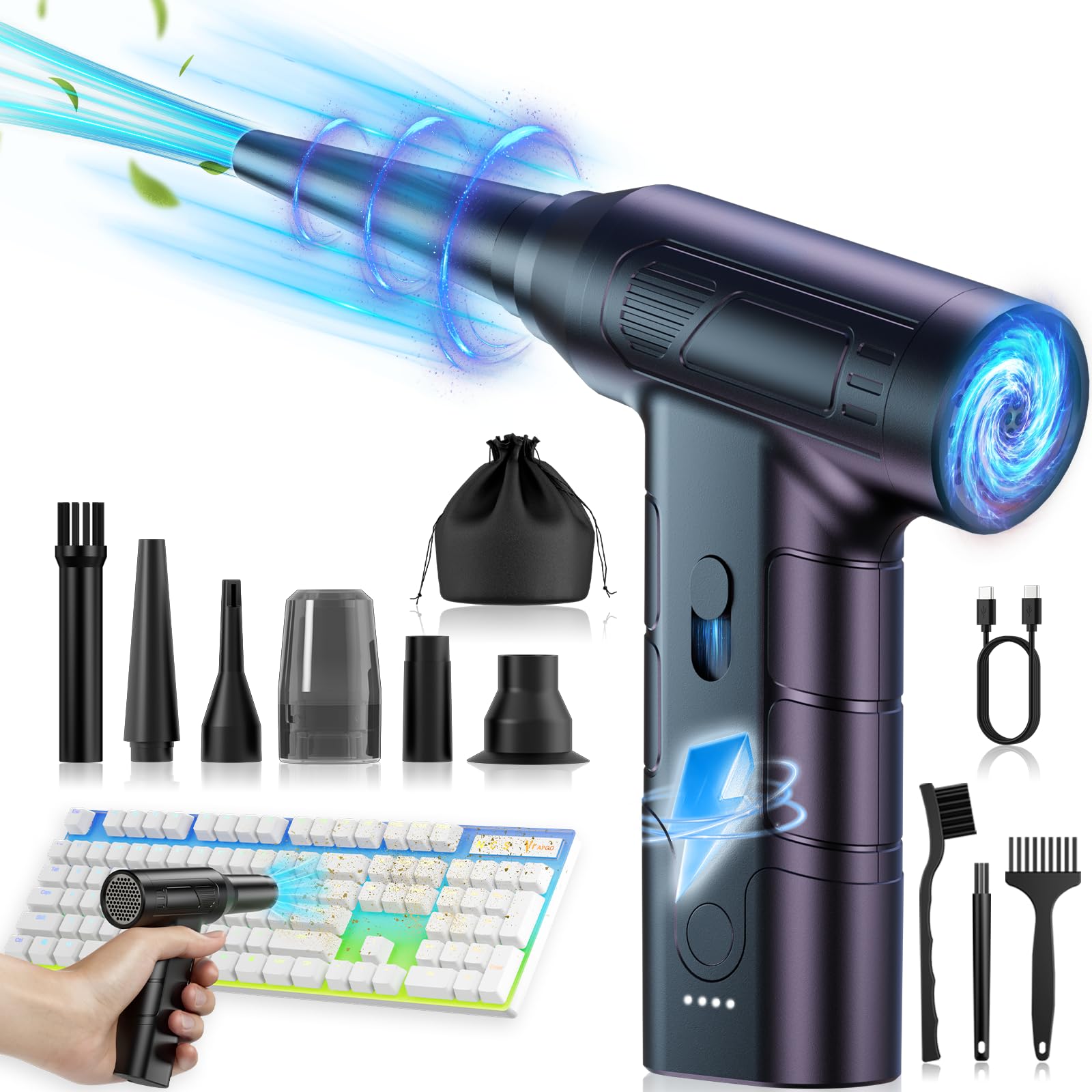150,000 RPM Electric Air Duster - Powerful 2-in-1 Rechargeable Air Blower for PC Keyboard Cleaning, Car Detailing & Home Dusting | Replaces Canned Air | Perfect for Electronics, Automotive & Household Cleaning
