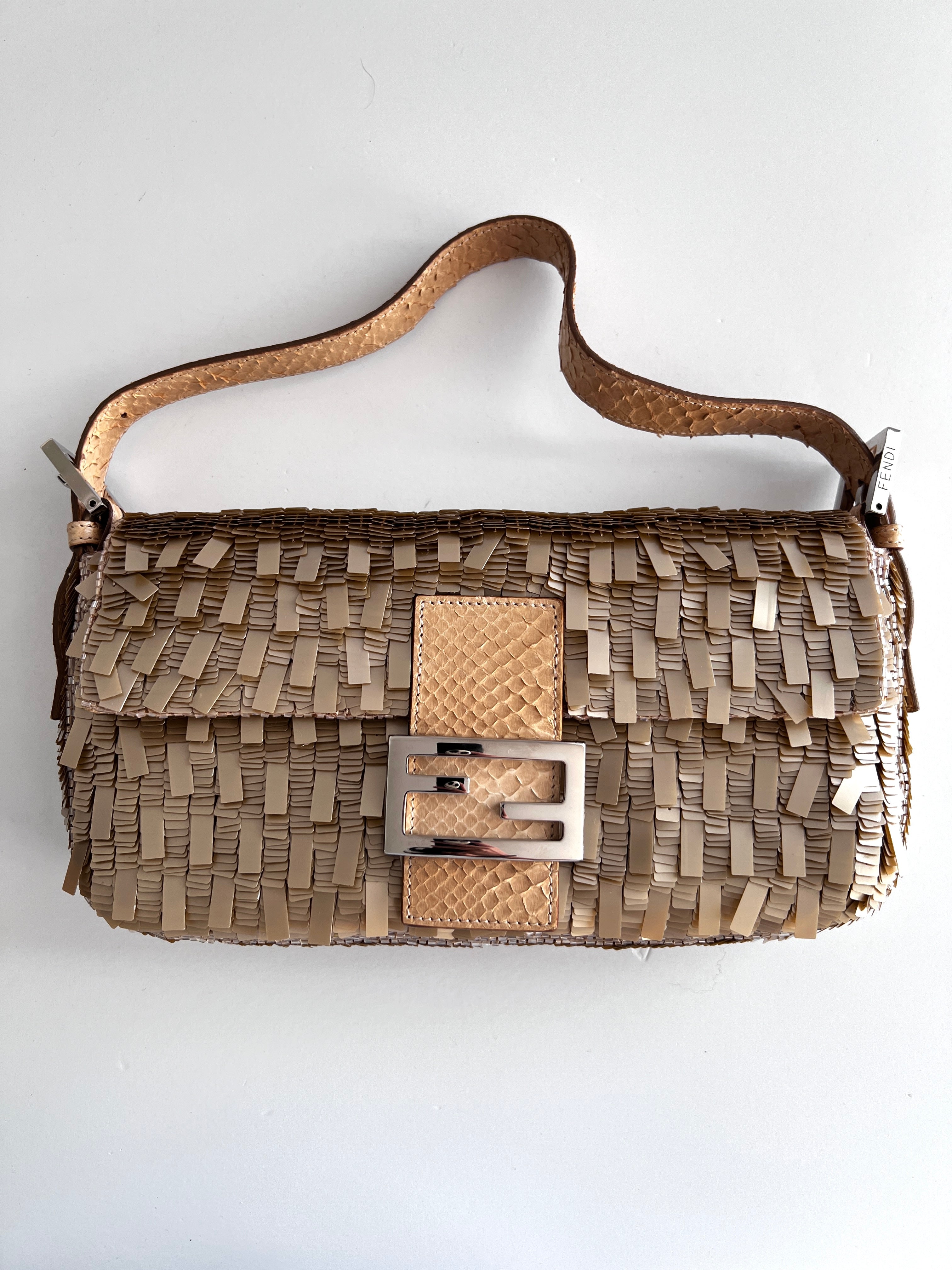 Fendi Champagne Sequin Baguette Bag - Luxury Evening Clutch for Women, Perfect for Parties, Weddings & Special Occasions