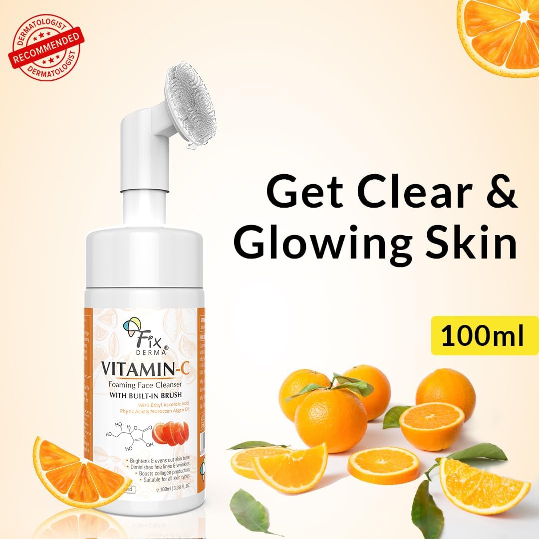 2% Vitamin C Foaming Face Cleanser with Brush for Women & Men - Brightens Skin, Reduces Wrinkles & Exfoliates | 100ml | Daily Skincare Routine for Even Tone & Youthful Glow