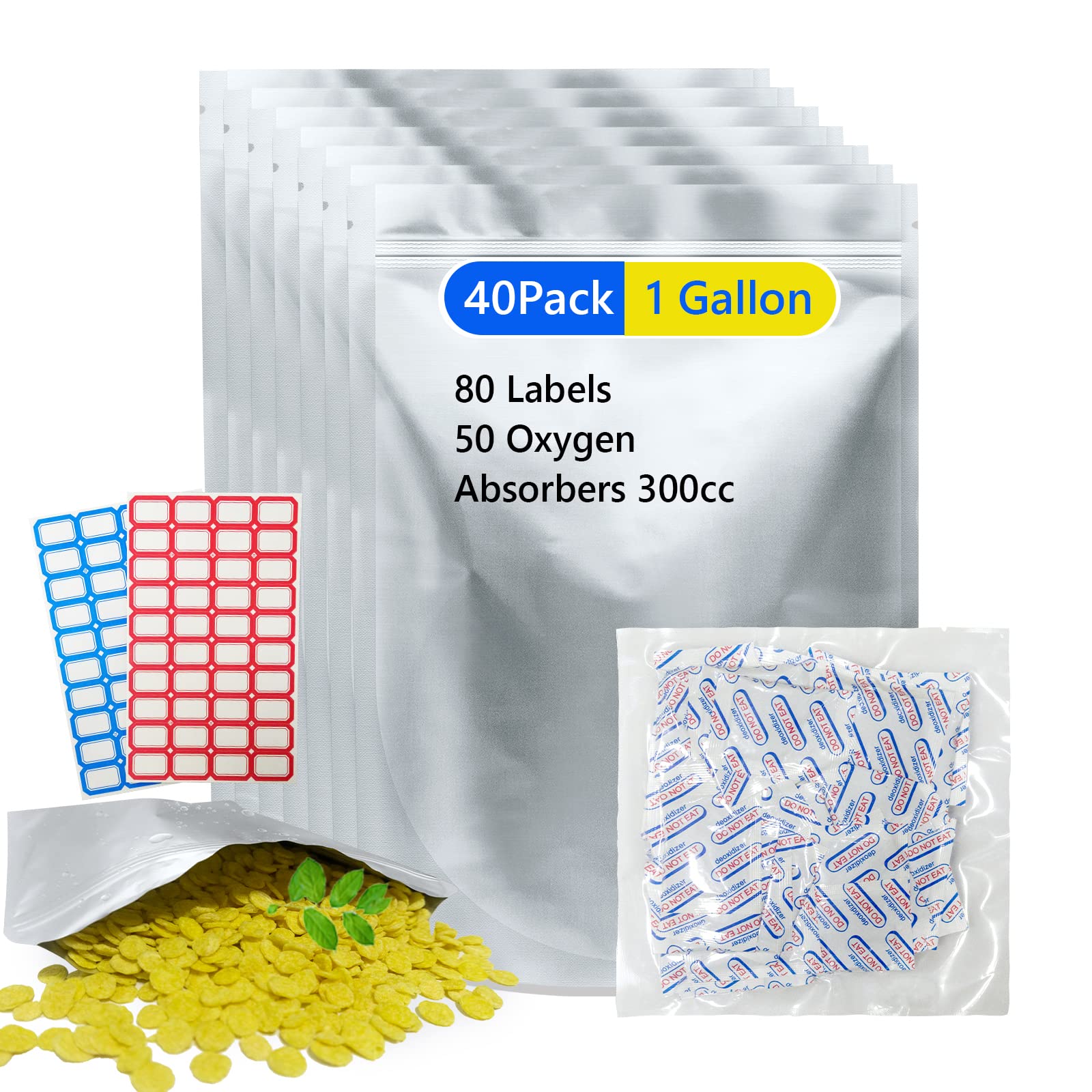 1 Gallon Mylar Bags for Food Storage - 40 Pack with Oxygen Absorbers 300cc & Labels | Stand Up Zipper Pouches, Reusable & Heat Sealable | Long Term Vacuum Sealer Bags (10