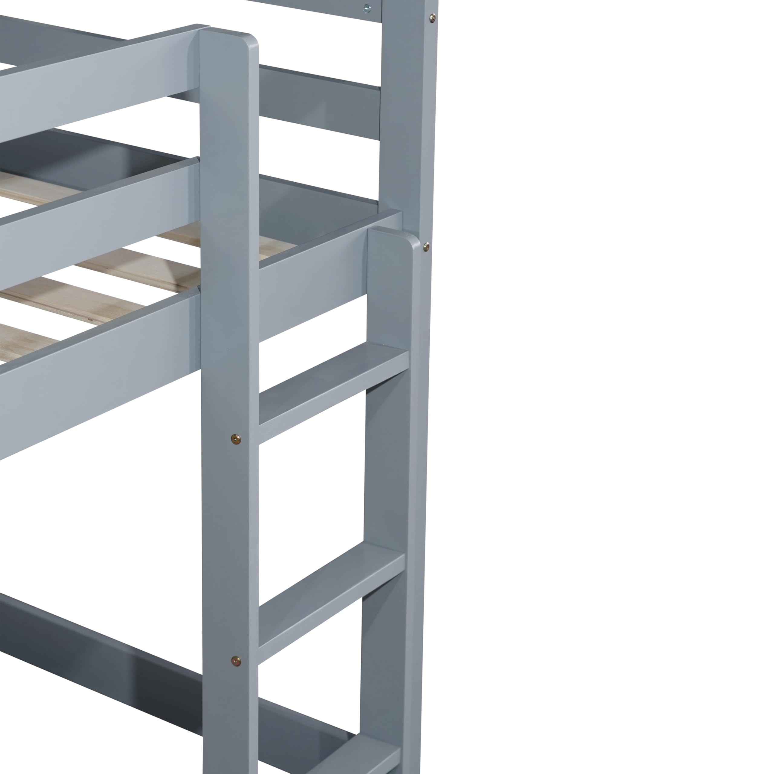 Low Bunk Beds Twin Over Twin - Sturdy Wood Floor Bunk Bed Frame with Safety Rails for Kids, Teens, Boys & Girls - Space-Saving Junior Loft Bed for Small Rooms, Dorms & Shared Kids Bedrooms - Gray