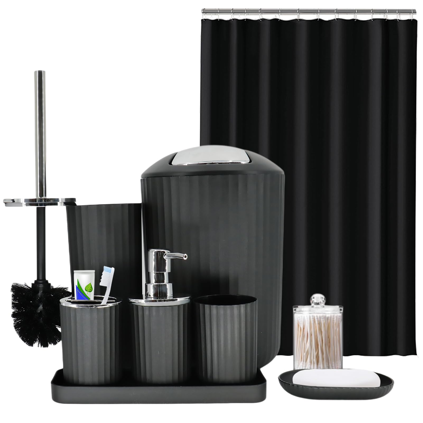 9-Piece Black Bathroom Accessories Set - Includes Trash Can, Shower Curtain, Vanity Tray, Soap Dispenser, Soap Dish, Toothbrush Holder & Cup, Toilet Brush | Modern Bath Decor for Home & Hotel Use