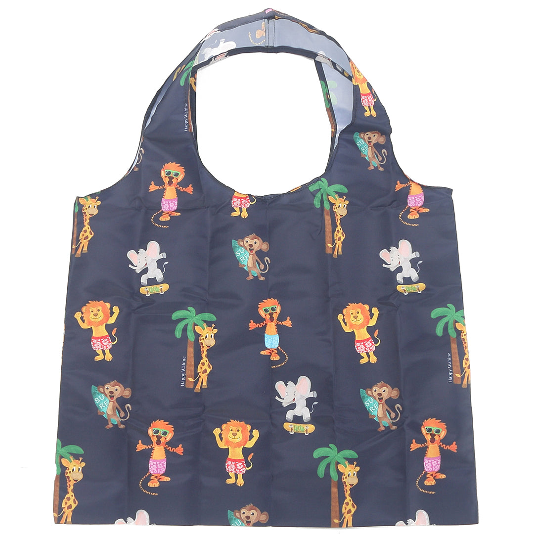 Foldable Reusable Shopping Bag with Zoo Animals Print - Navy Blue Eco-Friendly Grocery Tote for Groceries, Beach, Picnics & Travel