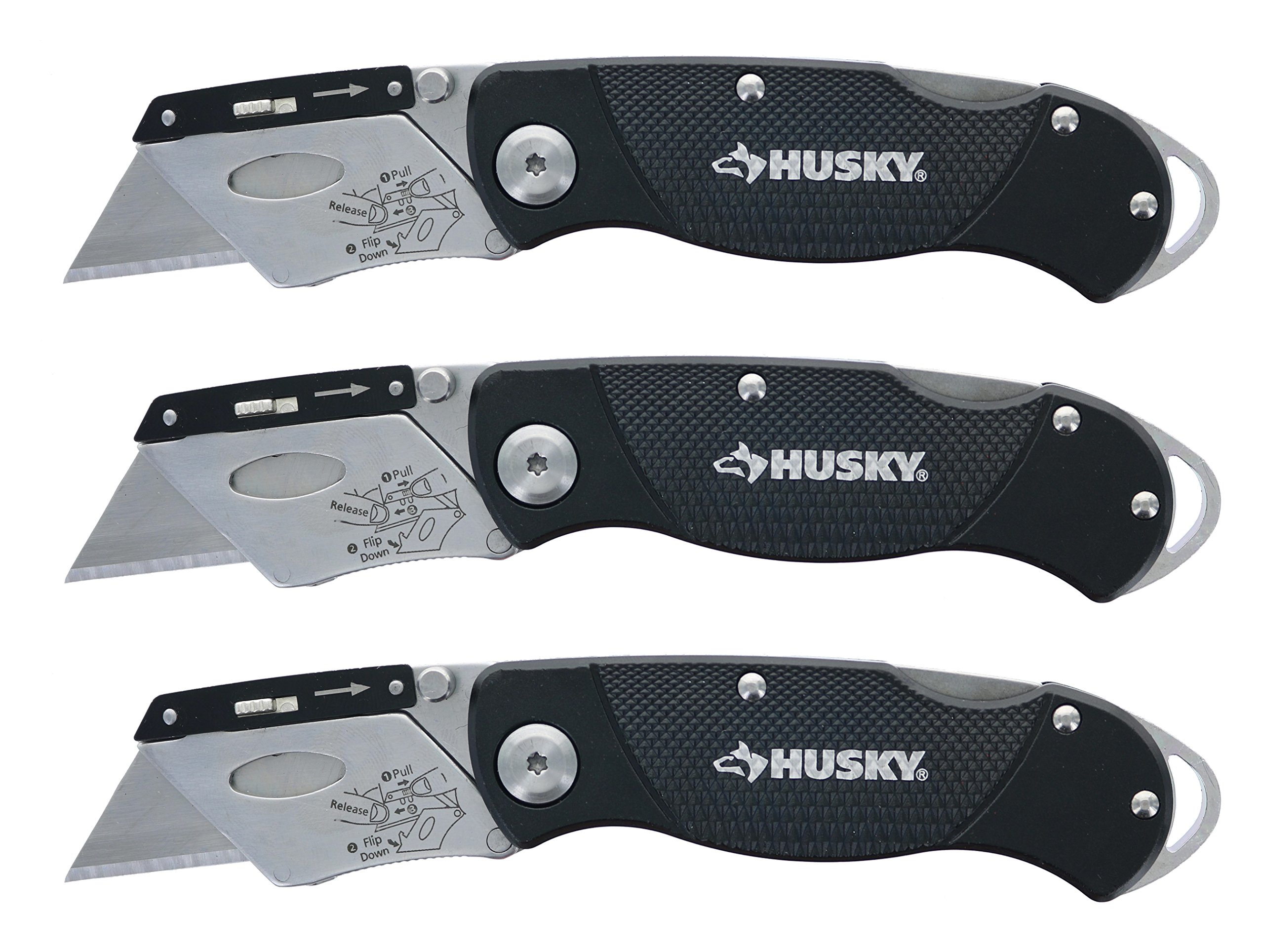 Husky Folding Utility Knife 3-Pack - Heavy Duty Lock Back Pocket Knives with Sure-Grip Handle & Blades Included - Perfect for Construction, DIY Projects, and Outdoor Activities (Colors May Vary)
