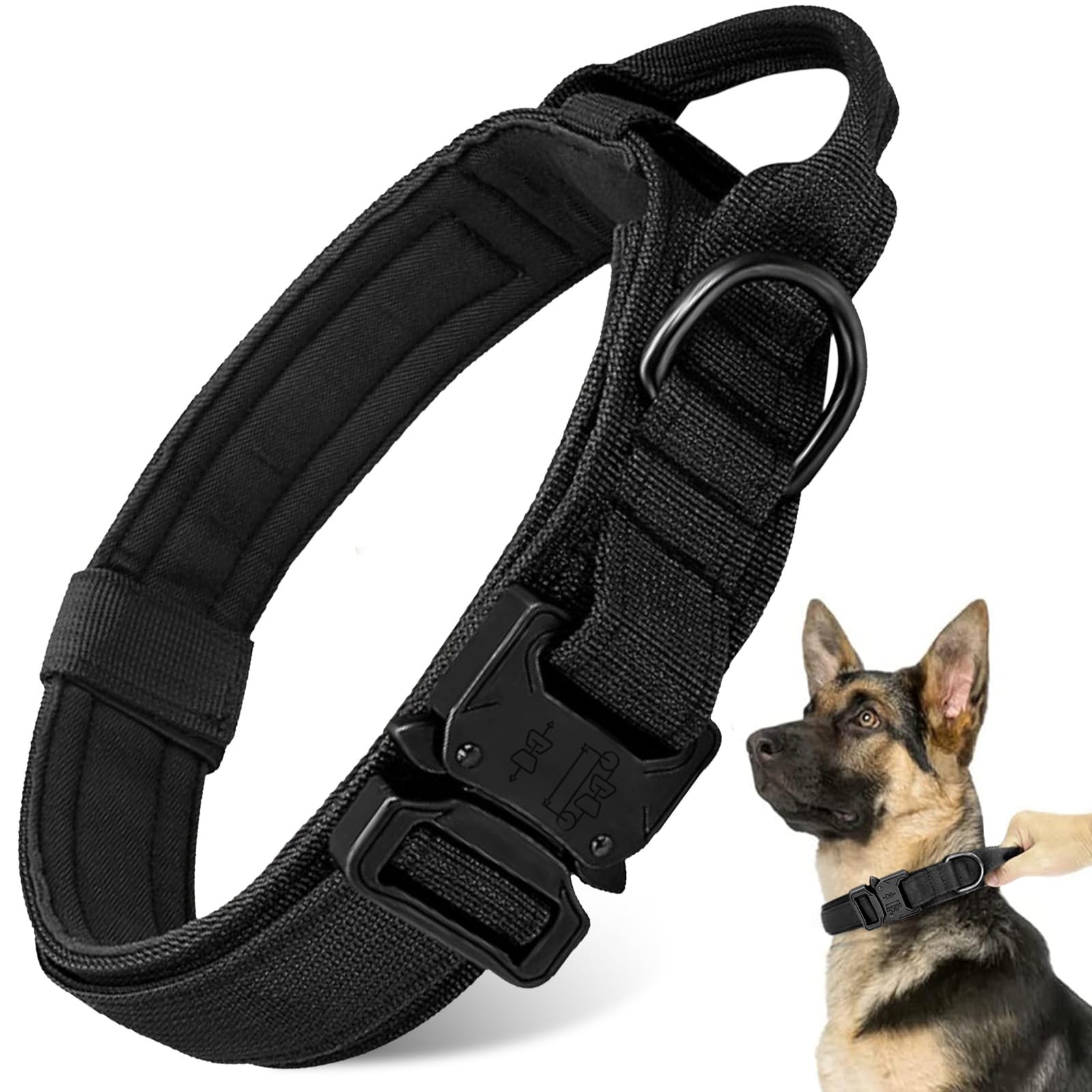Tactical Dog Collar - Heavy Duty Adjustable Military Grade Nylon Dog Collar with Metal Buckle & Control Handle for Small Medium Large Dogs - Perfect for Training, Outdoor Adventures & Security Work (Black, Size L)