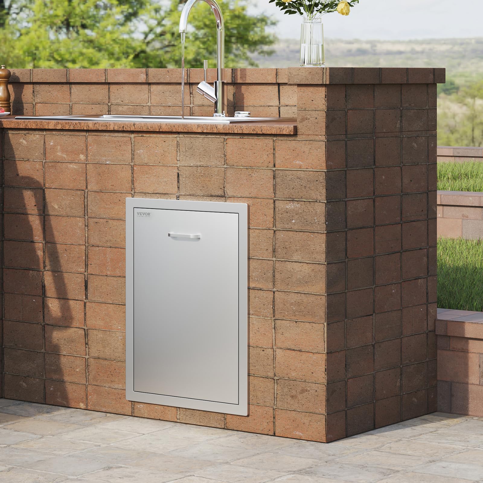 Vevor 17.7x22.8 Inch Stainless Steel Pull Out Trash Drawer with Handle - Raised Style Trash Bin with Pull-Out Tray for Outdoor Kitchen, BBQ Island, Patio, Lawn & Garden - Perfect for Waste Disposal in Outdoor Cooking Areas and Backyard Entertaining