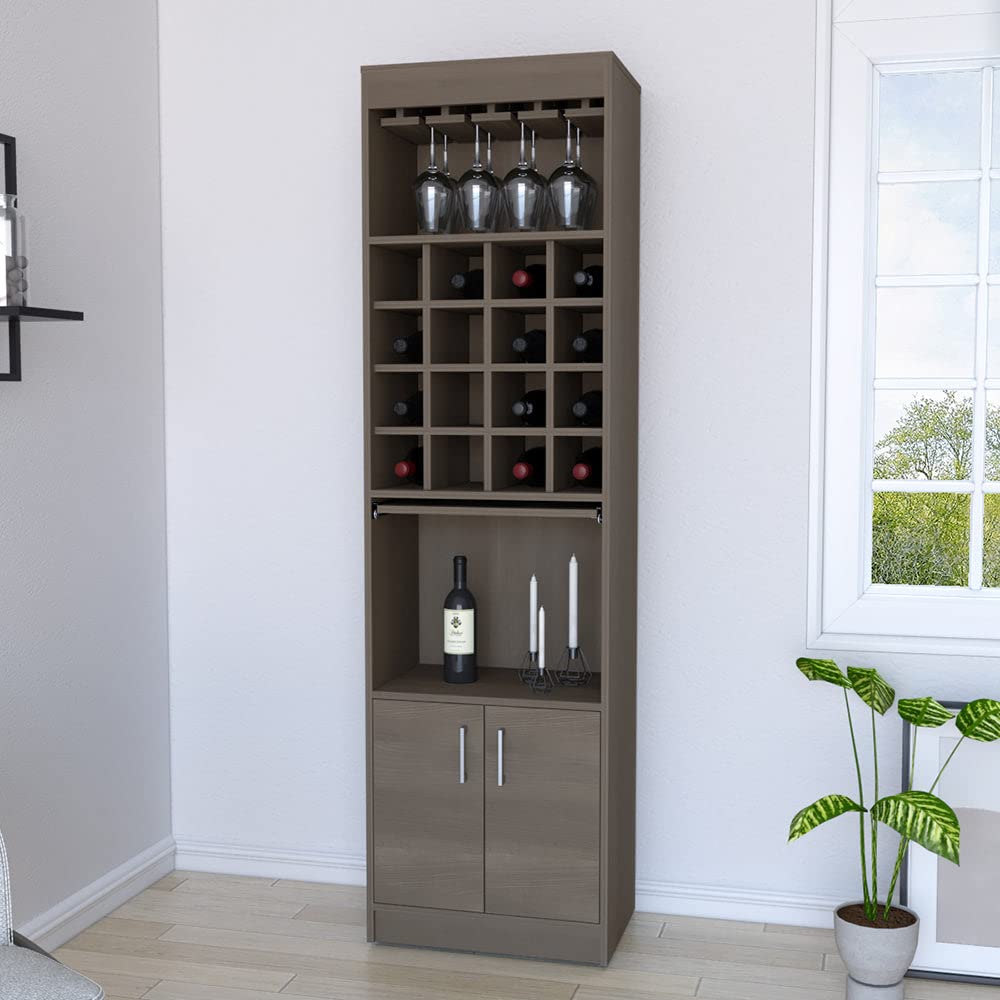 Bar Cabinet Modoc with Extendable Shelf & 16 Wine Cubbies - Smokey Oak Finish | Perfect for Home Bar, Dining Room & Entertaining