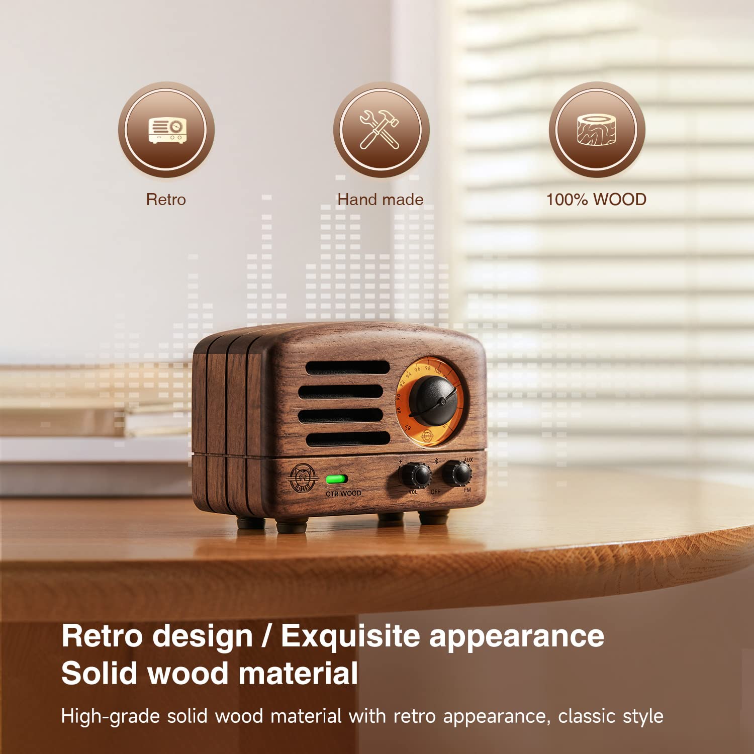 Vintage Muzen OTR Wood Portable Bluetooth Speaker with FM Radio, AUX Input & 10+ Hours Playtime - High Fidelity Stereo Sound, Retro Suitcase Design - Perfect for Home, Office, Picnic, Travel & Gift Giving