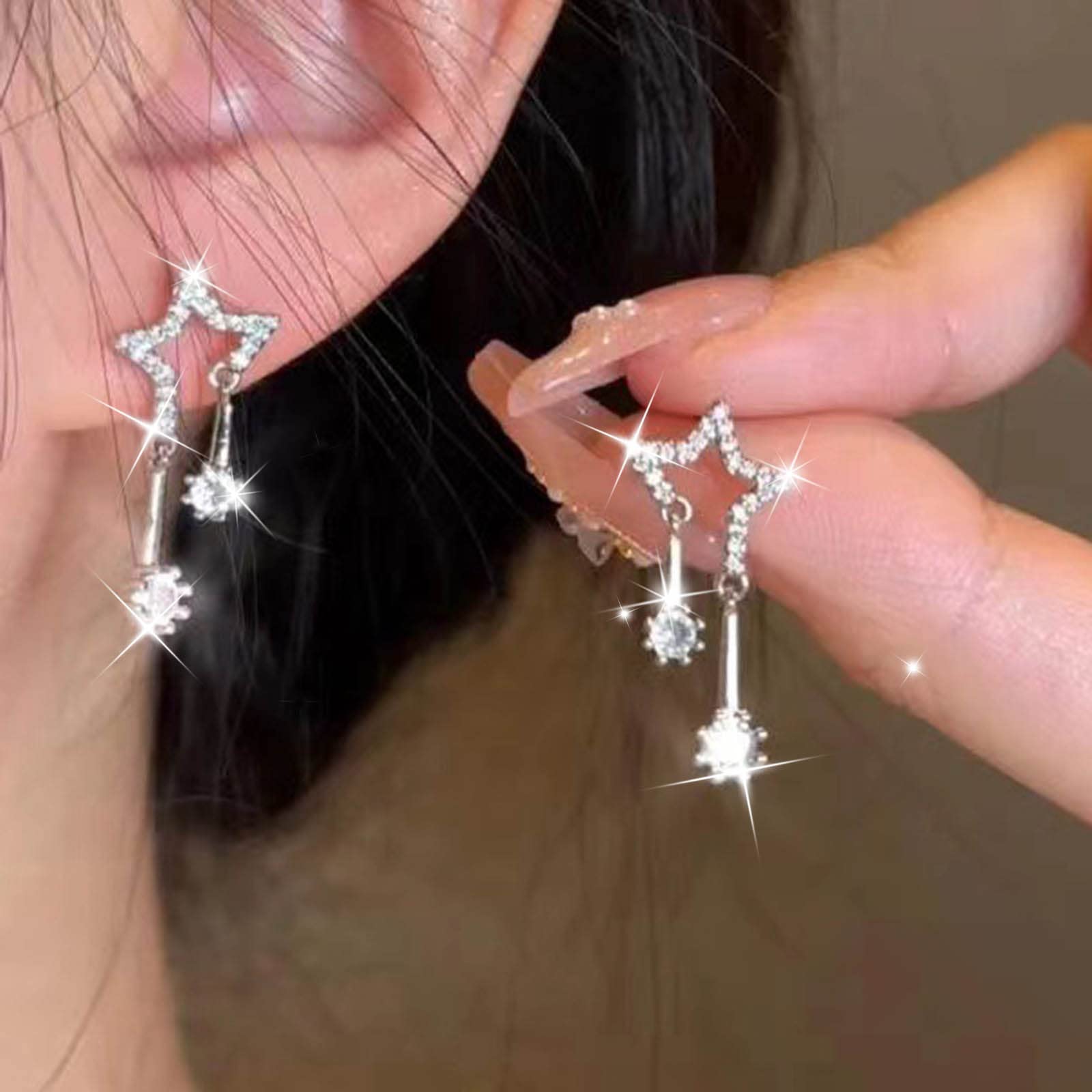 Sparkly Silver Crystal Star Dangle Drop Earrings for Women | Rhinestone Tassel Earrings | Elegant Jewelry Gift for Girls & Women | Perfect for Parties, Weddings & Date Nights