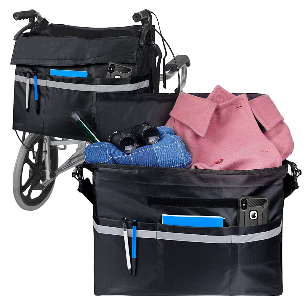 Supregear Wheelchair Bag - Large Capacity Pouch with Reflective Strip & Anti-Scratch Oxford Fabric - Universal Accessory for Wheelchairs, Walkers & Transport Chairs (Black) - Ideal for Daily Commute, Travel & Outdoor Activities